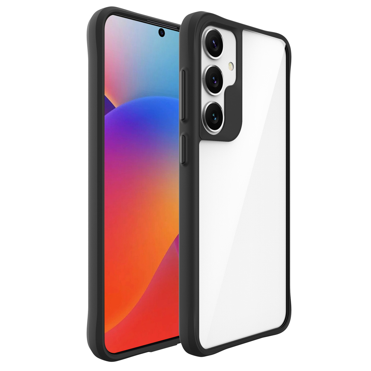 Telefoon met zwart frame en transparante achterkant. Telefoonhoesje heeft zwart frame en ligt naast de telefoon.