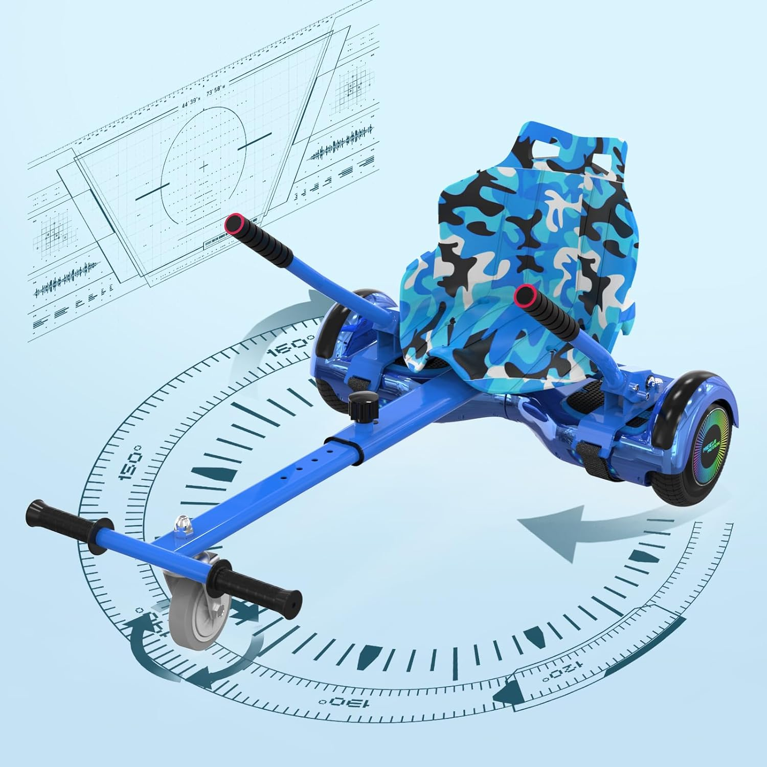 Niebieska deskorolka z siedziskiem w kamuflażu i okrągłym schematem ruchu.