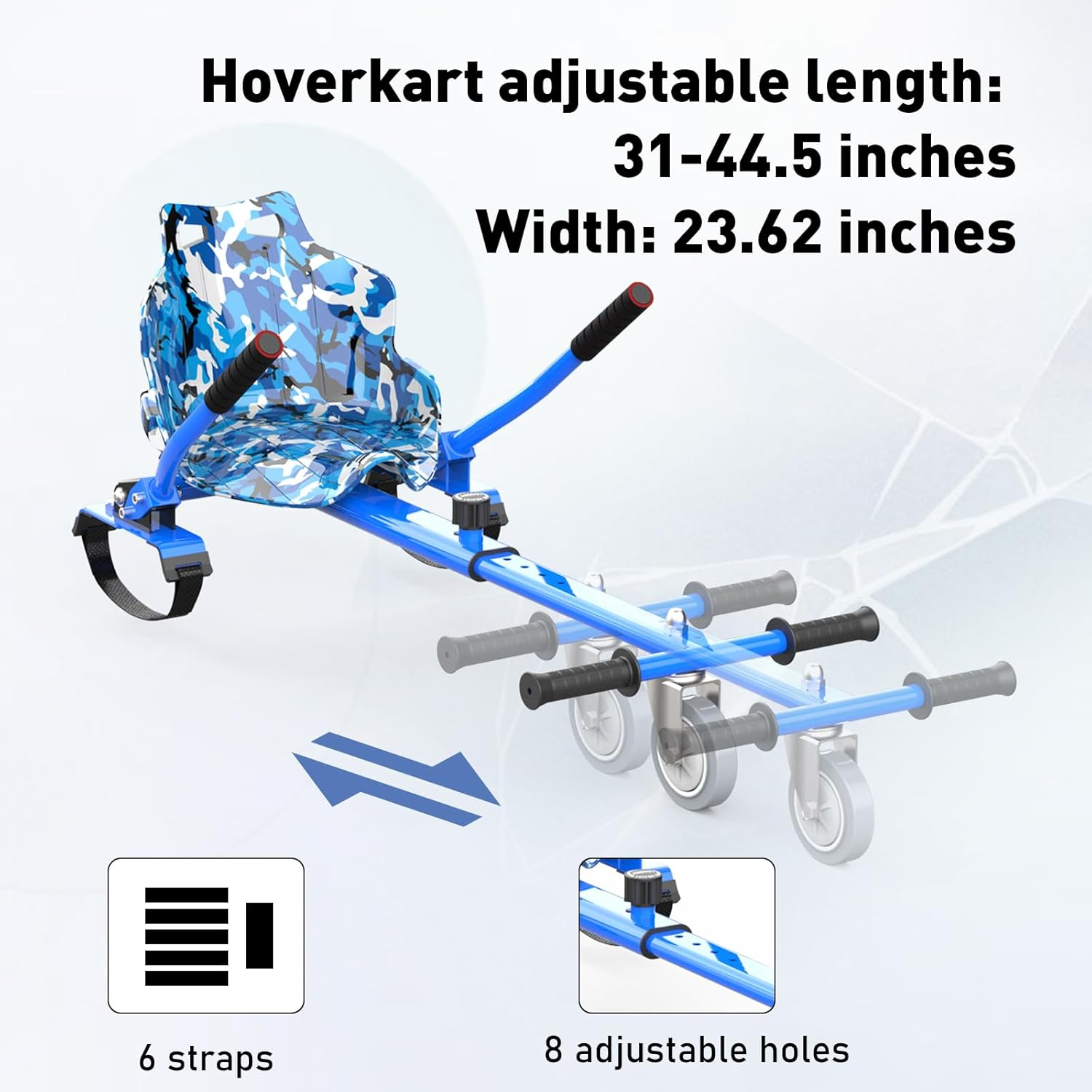 Niebieski hoverkart, regulowana długość i szerokość. Ma koła. Tekst w tle.