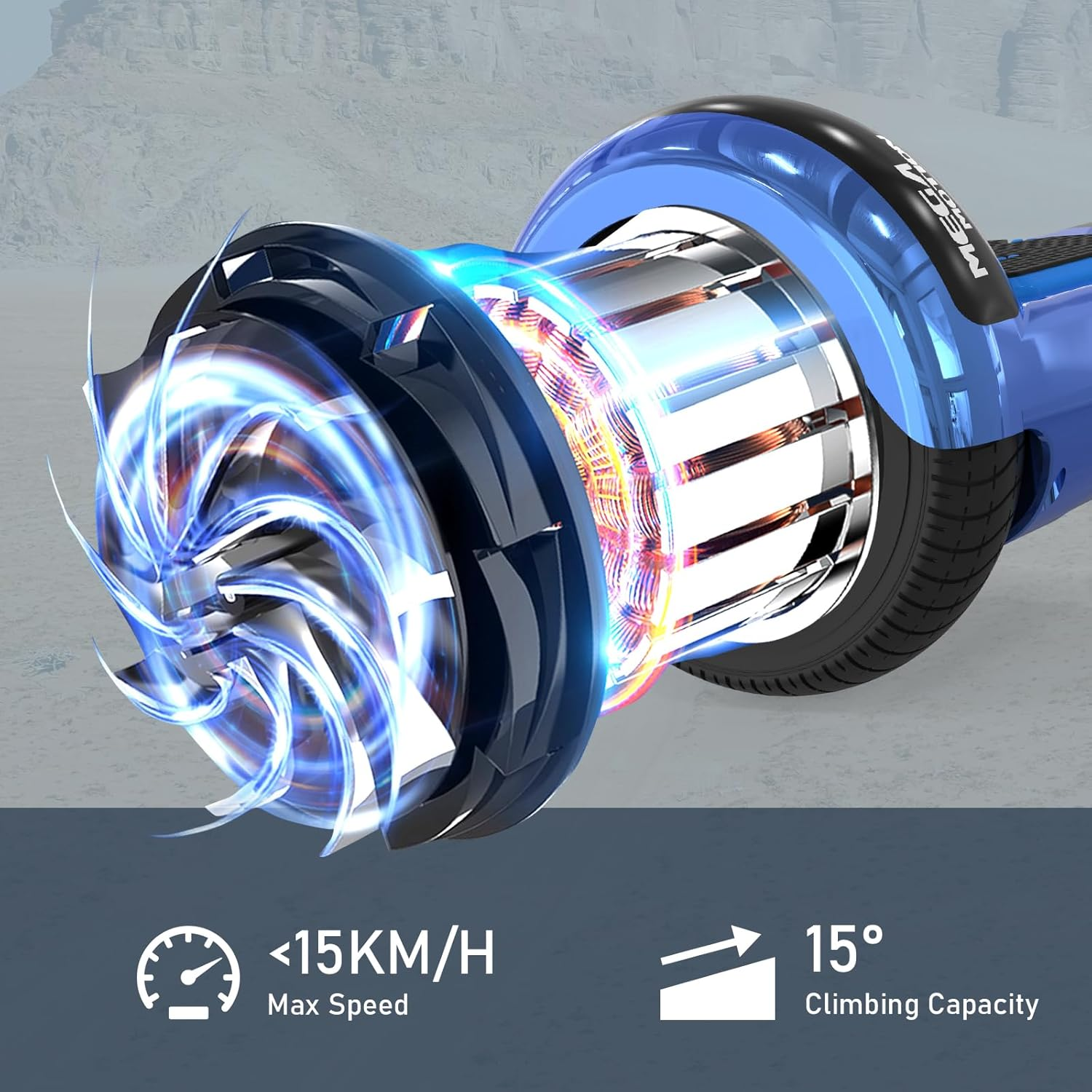 Niebieski silnik hoverboardu, z efektem wentylatora i etykietami prędkości/zdolności wspinaczkowej.