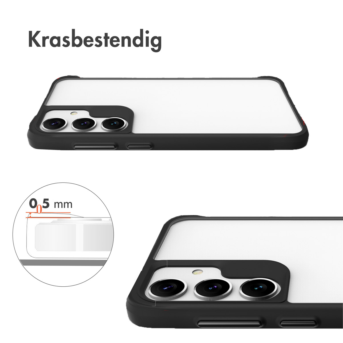 Twee telefoonhoesjes, zwart en wit, tonen de achterkant en het zijprofiel van de telefoon.