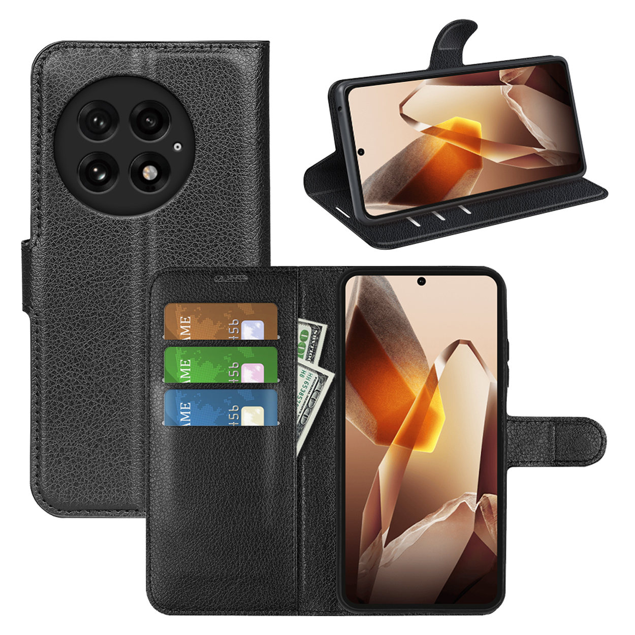 Étui de téléphone noir en plusieurs vues. Ouvert, révélant des cartes et de l'argent, et le téléphone dans l'étui.