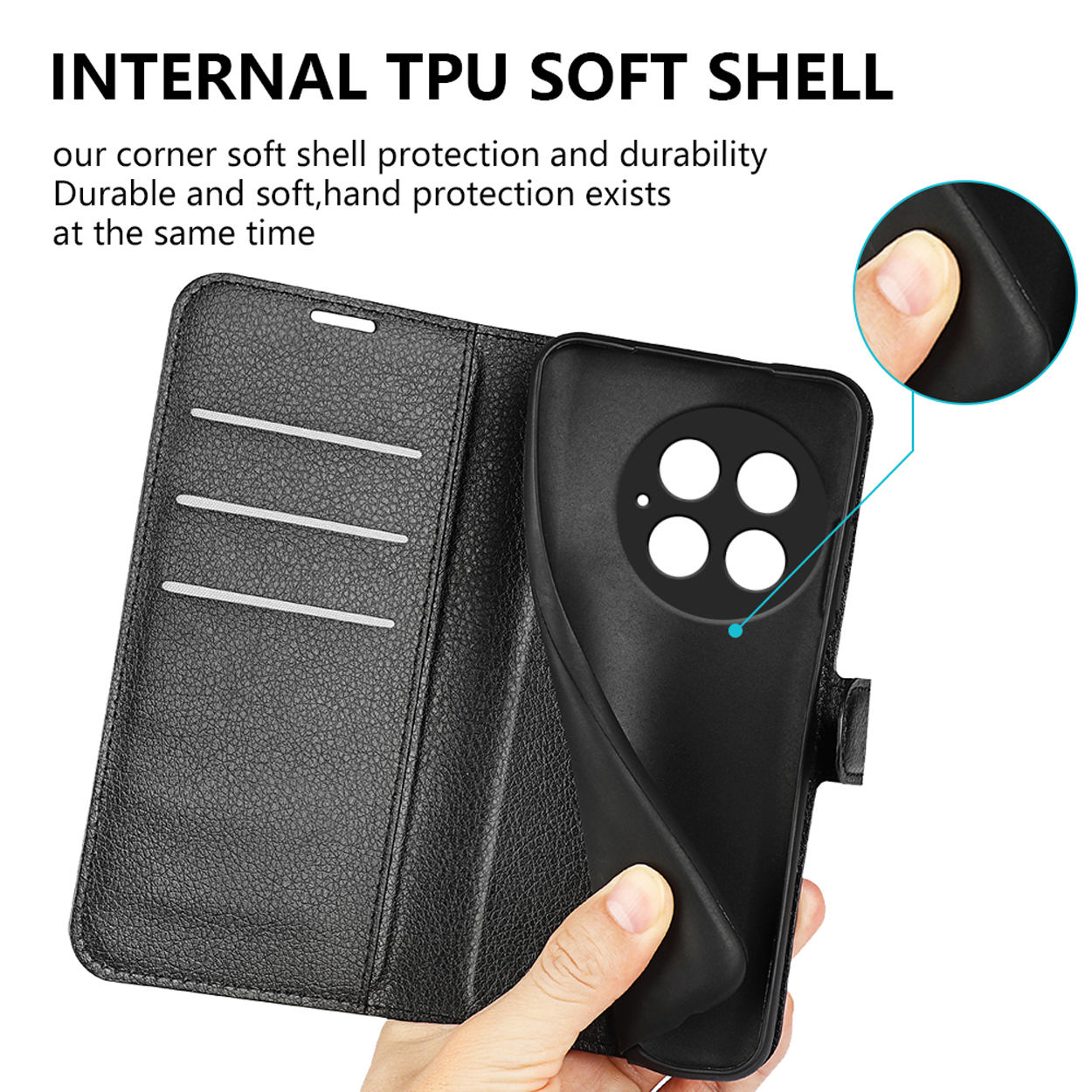L'étui noir pour téléphone est ouvert, avec l'intérieur et la main tenant le téléphone. Texte : TPU INTERNE SOFT SHELL.