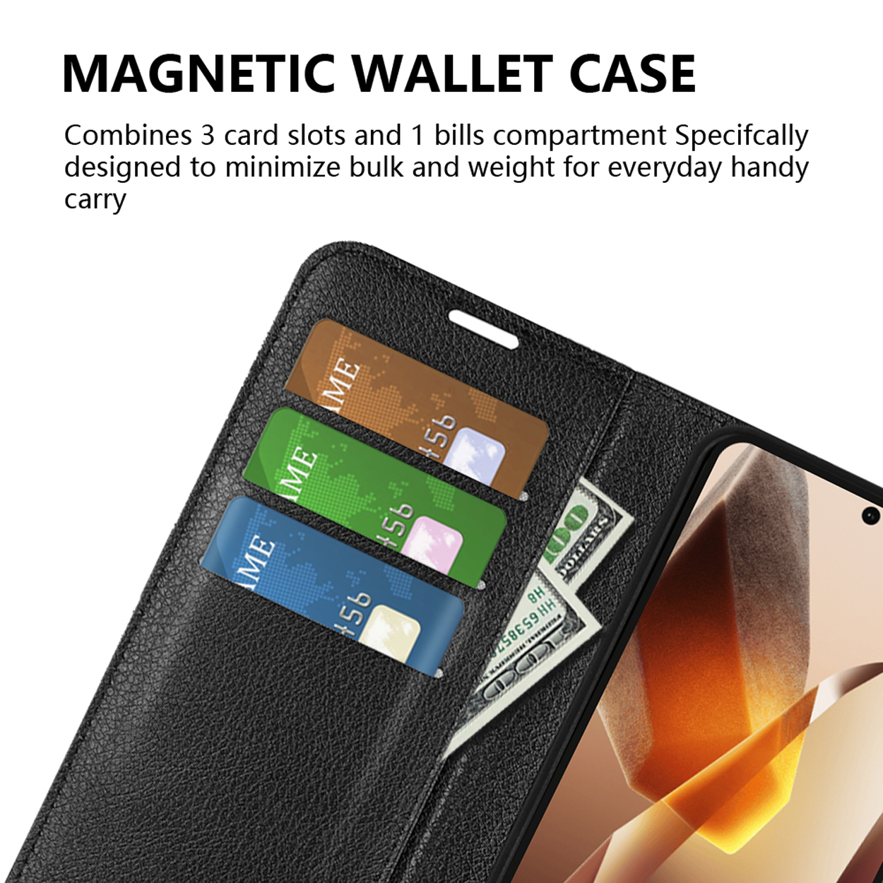 Un étui de téléphone en cuir noir avec trois emplacements pour cartes et un compartiment à billets, contenant des cartes et de l'argent.