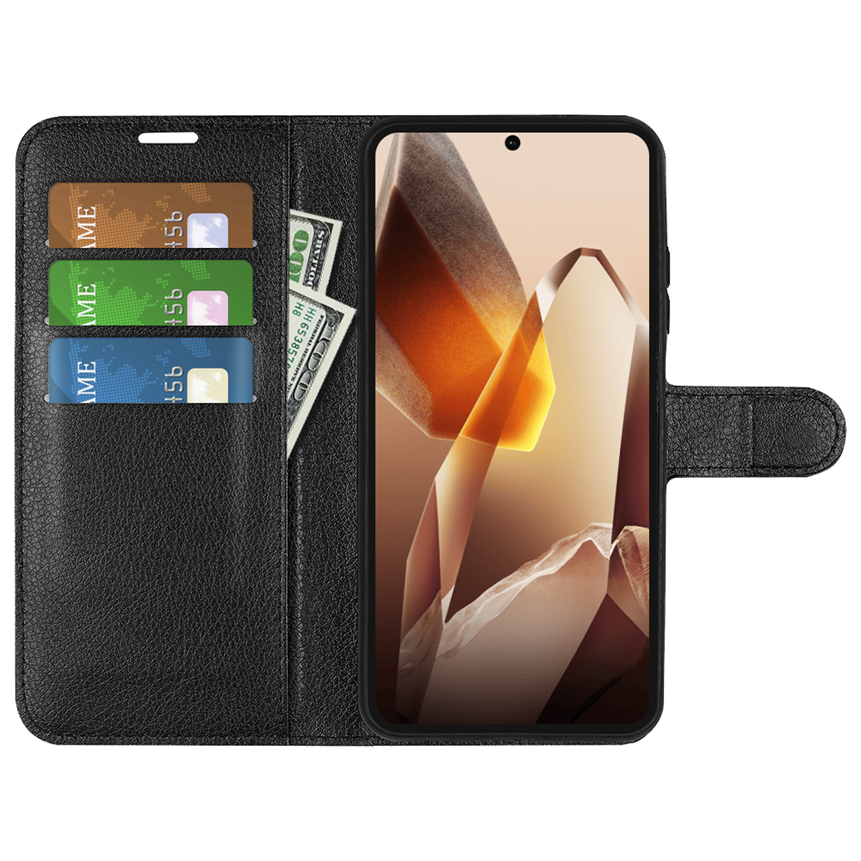Étui de téléphone noir ouvert avec téléphone, fentes pour cartes et argent.