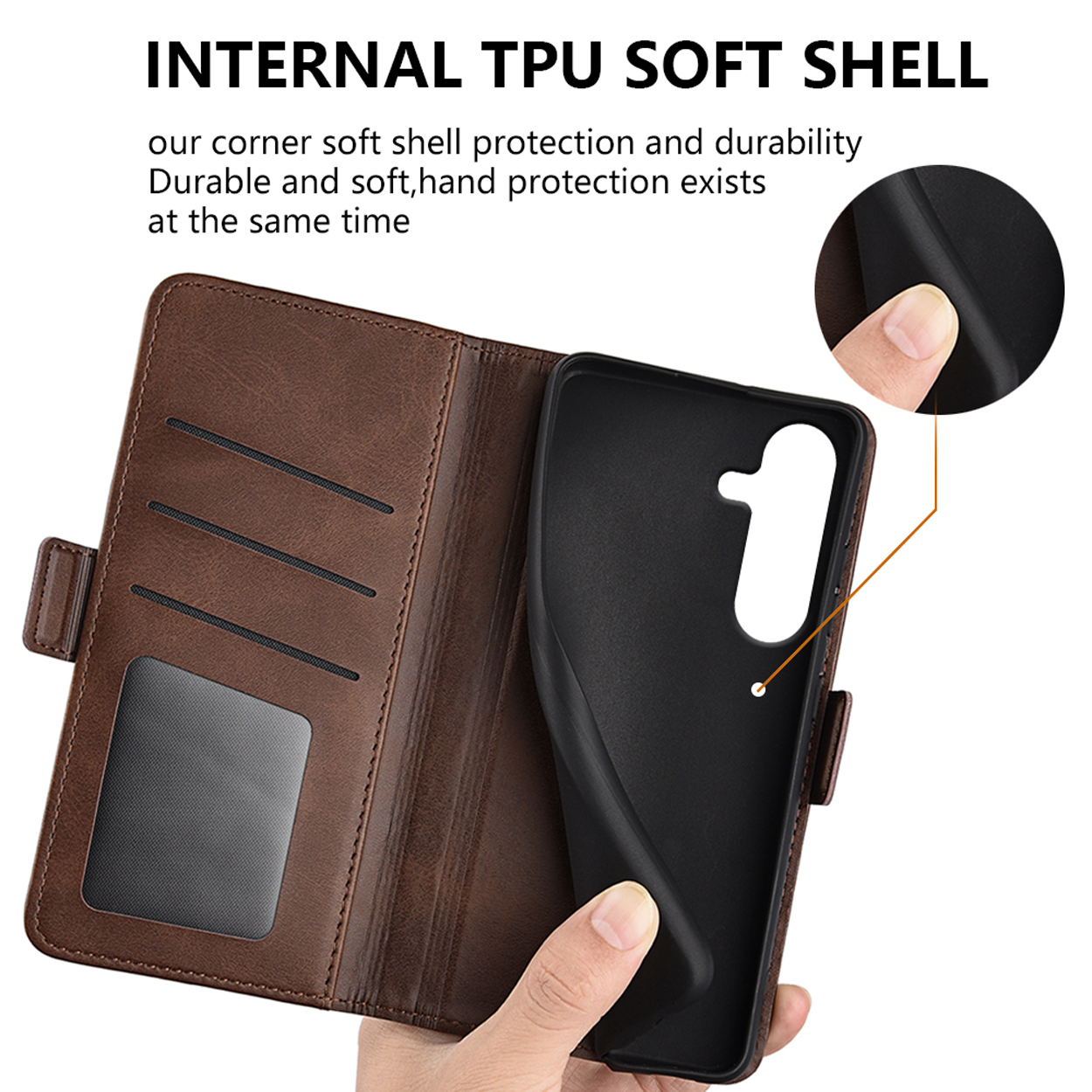 Intérieur de la coque de téléphone. Coque en cuir marron avec coque souple en TPU noir, montrant la protection souple.
