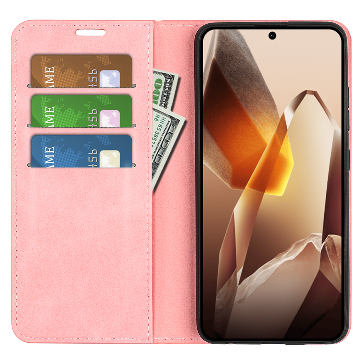 Een roze telefoonhoesje met portemonnee-ontwerp, met kaarten en contant geld erin, en een telefoon.