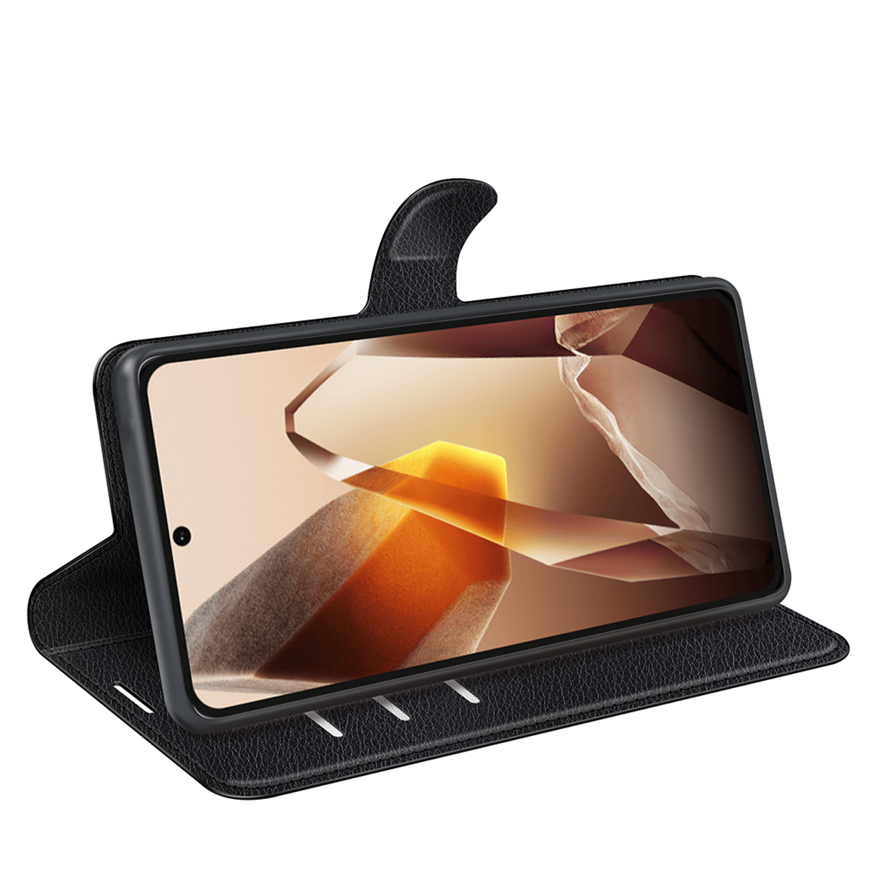 Une coque de téléphone noire avec un téléphone à l'intérieur, ouverte. L'écran du téléphone est visible.