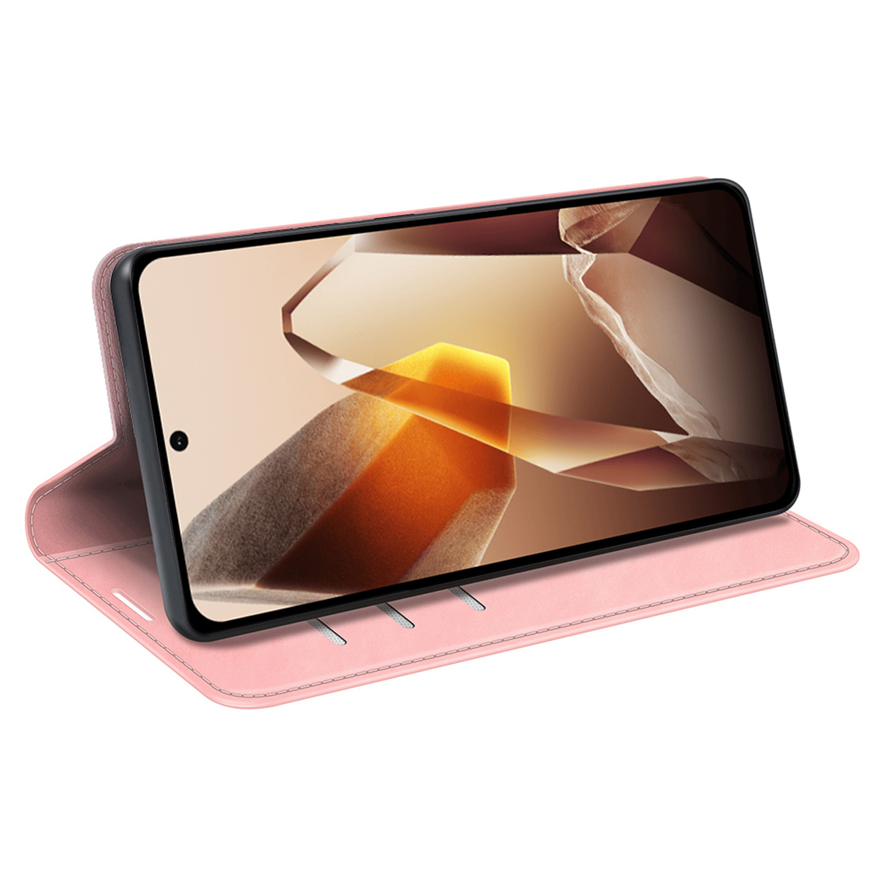 Roze telefoonhoes geopend. Telefoon zit erin, met een kleurrijke achtergrond. De hoes is schuin.