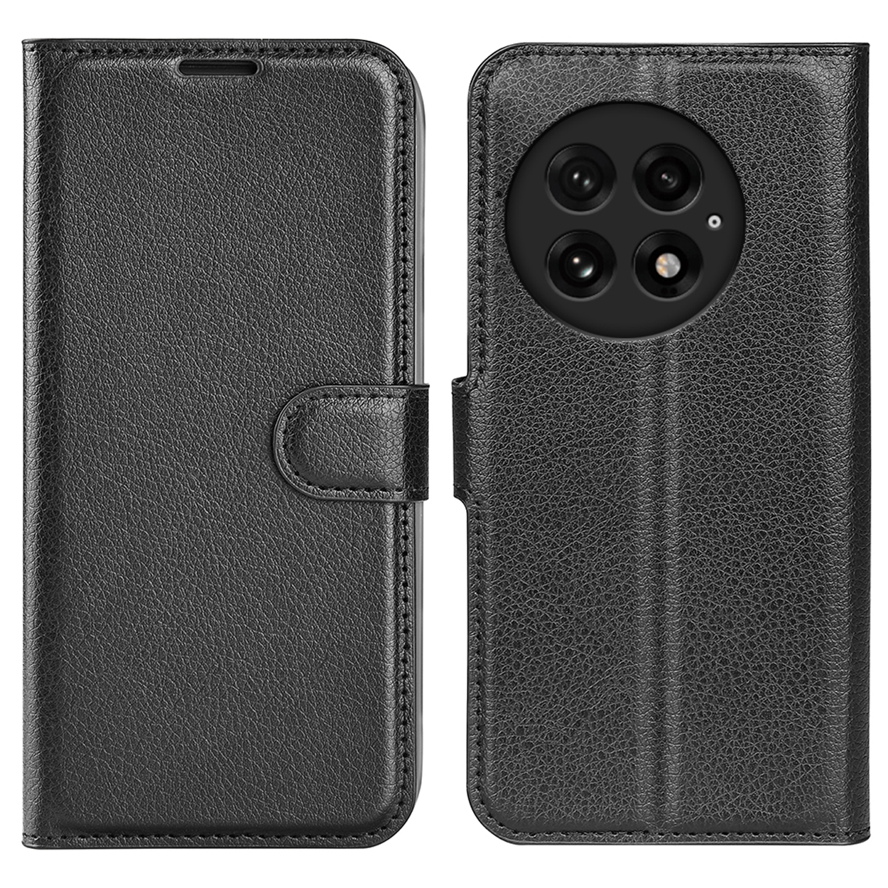 Coque de téléphone noire, fermée, avec détails de l'appareil photo. Coque avec bouton, téléphone dedans.