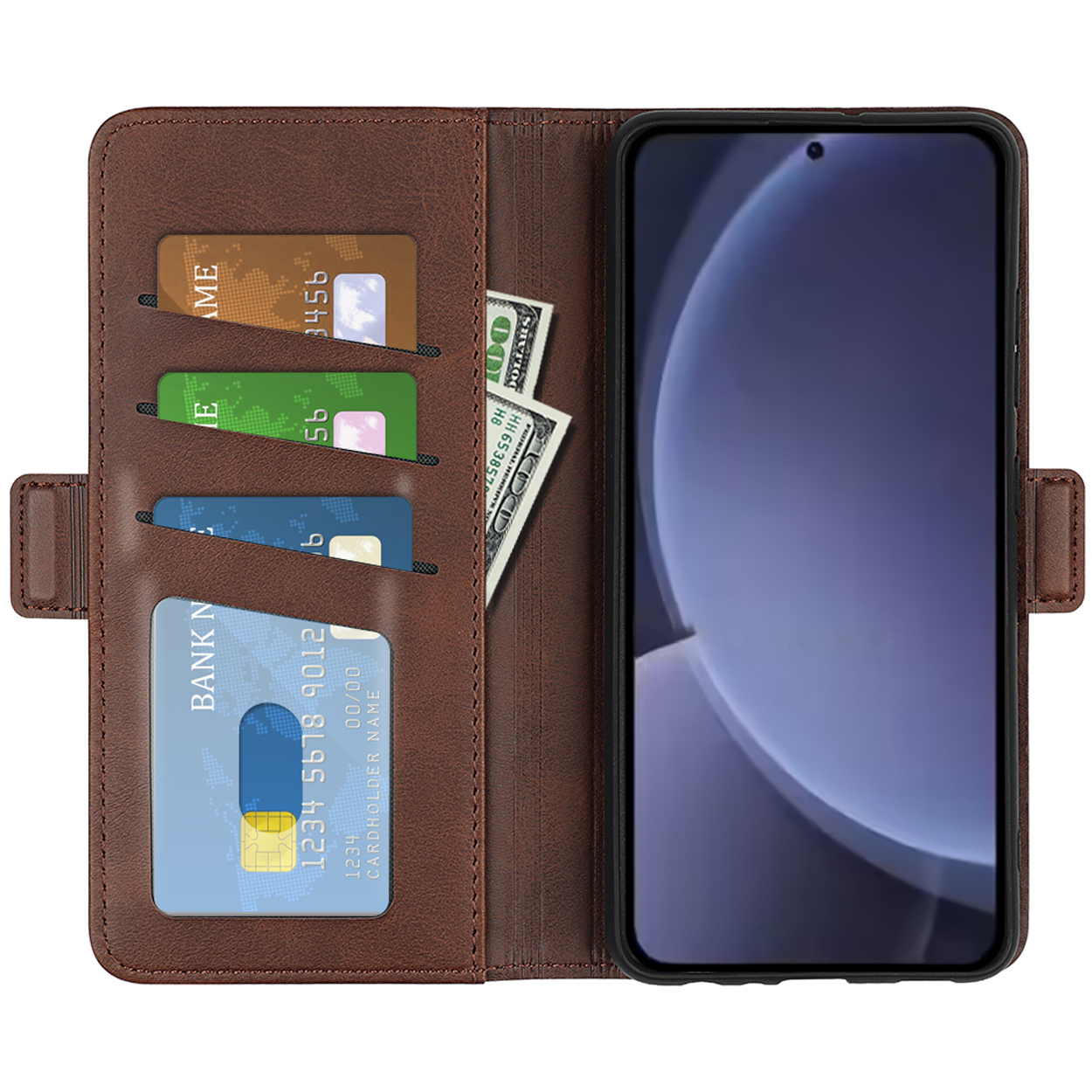 Téléphone dans un étui en cuir bleu, écran montrant un dégradé.