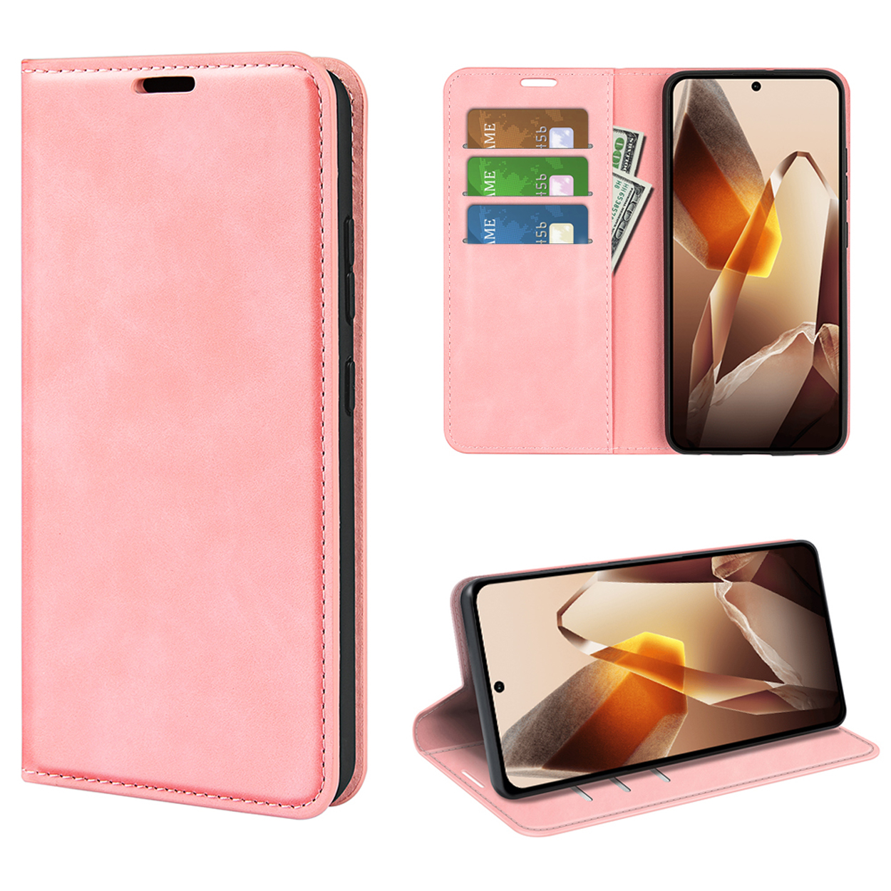 Een roze portemonnee telefoonhoesje met een telefoon erin. Met kaartsleuven en een geldbuidel.