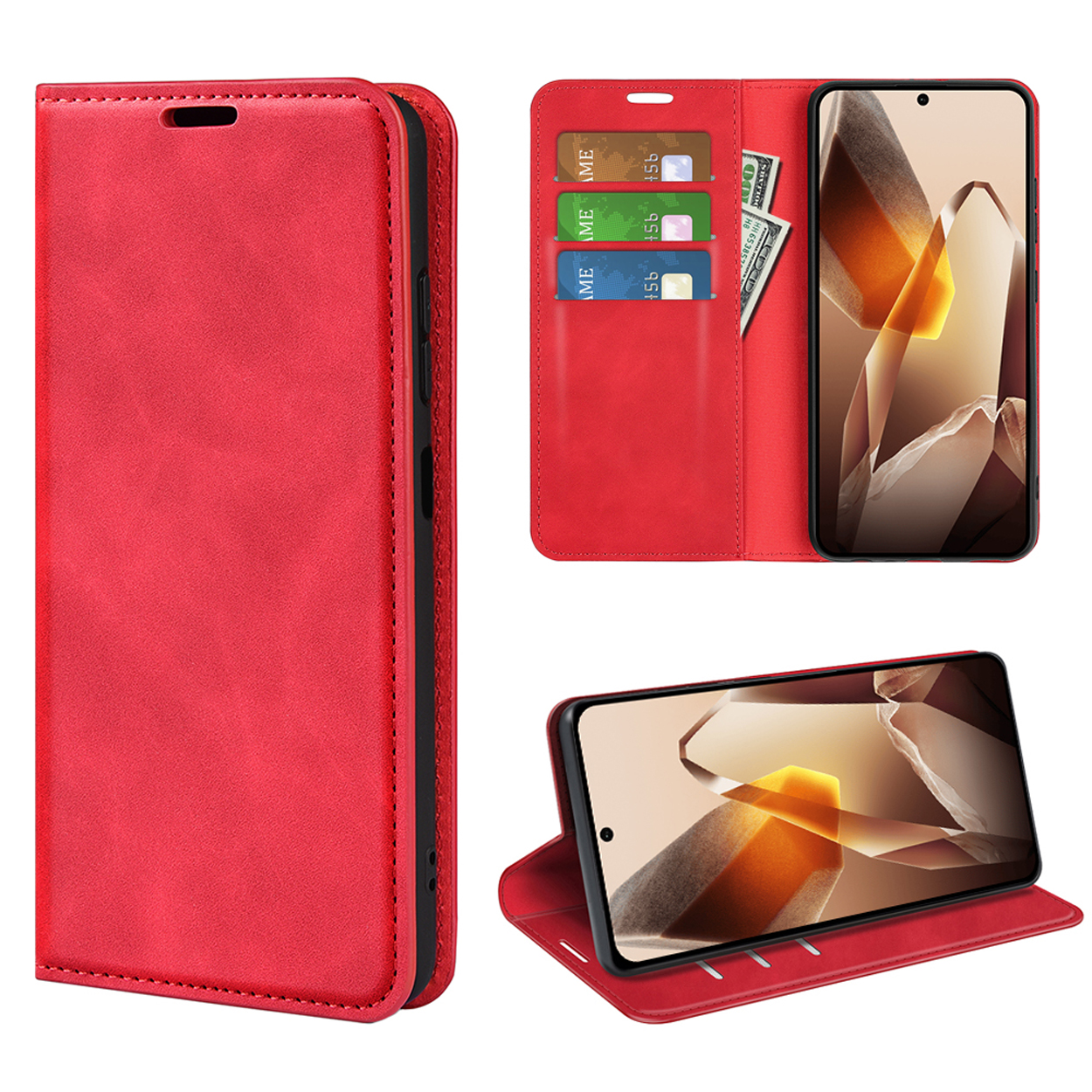Een rode telefoonhoes, met creditcardvakjes en een telefoon erin. De telefoon is rood.