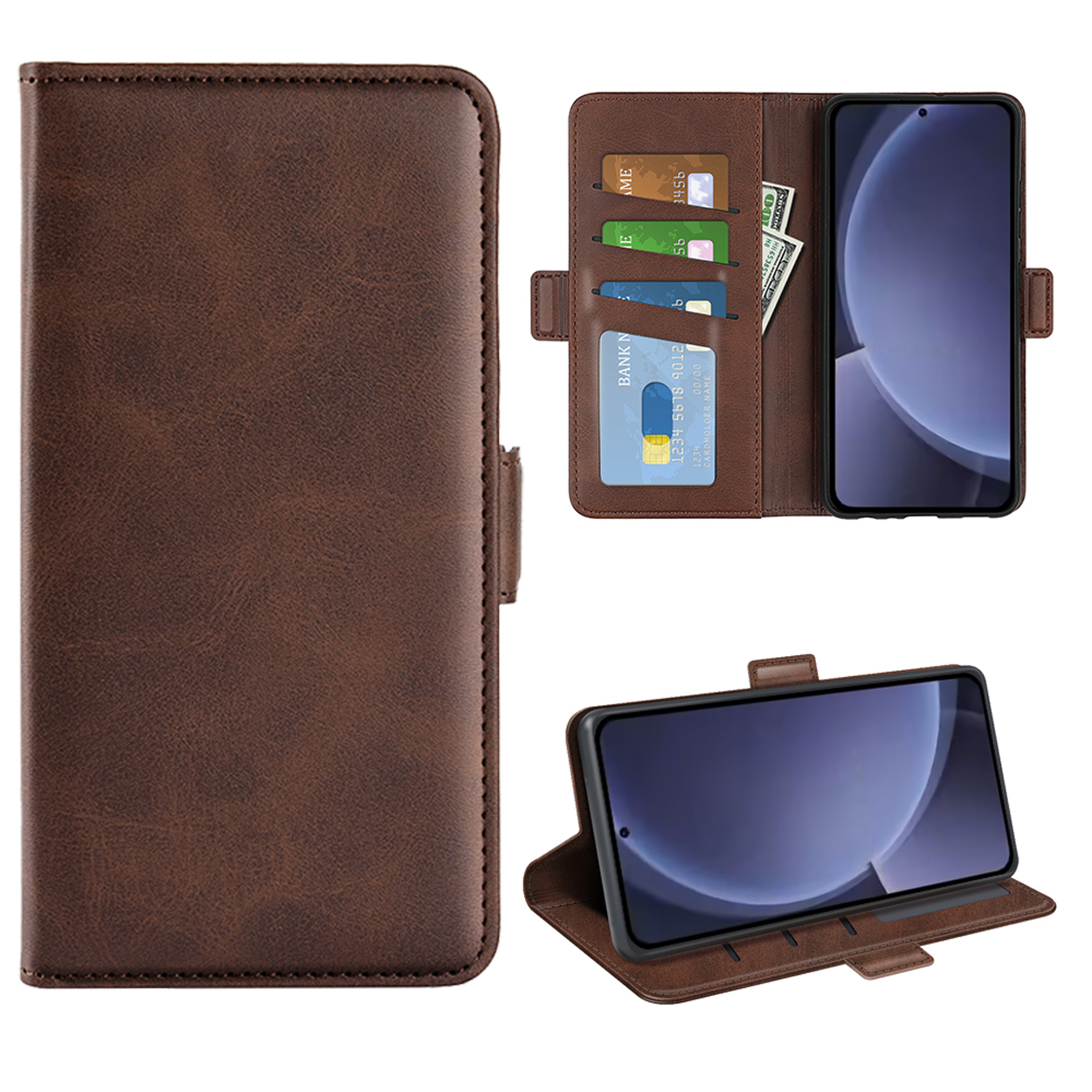 Étui de téléphone en cuir marron avec téléphone, cartes de crédit et argent liquide. L'étui est ouvert.