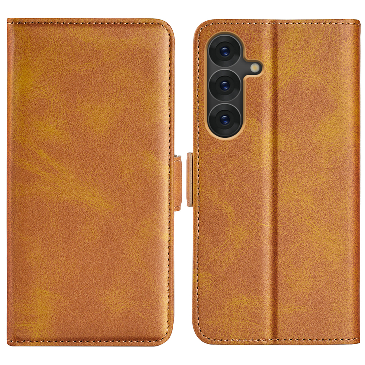 Un étui de téléphone en cuir marron avec fermeture magnétique et des fentes pour cartes à l'intérieur.