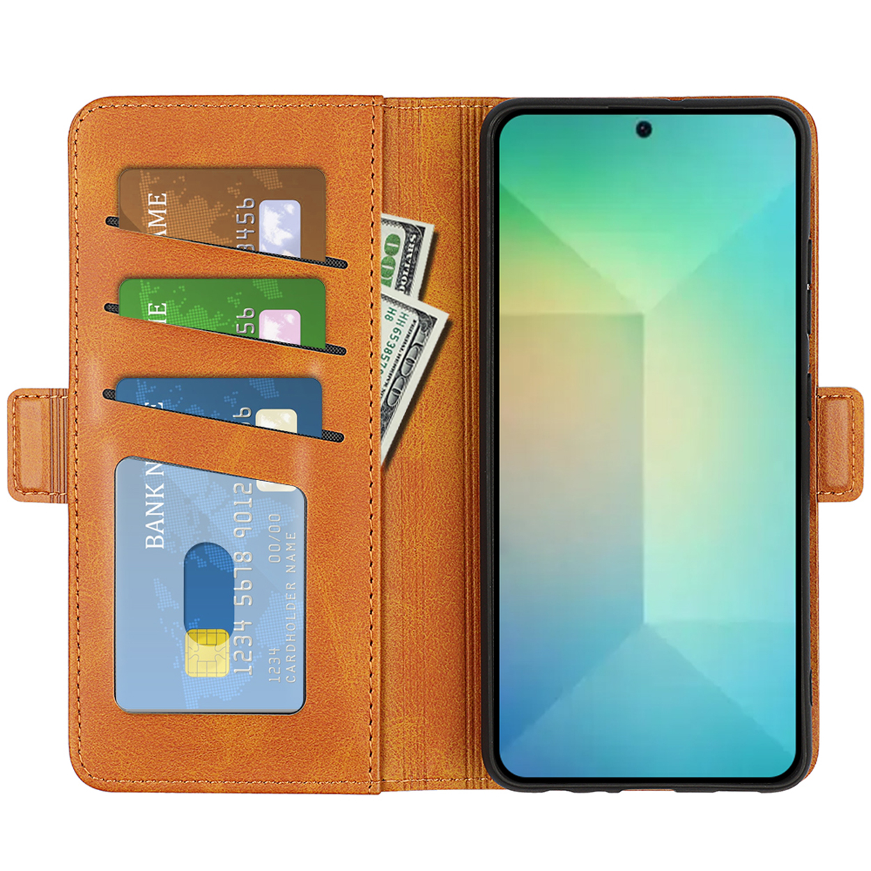 Étui de téléphone en cuir orange avec téléphone, cartes de crédit et argent. L'étui est ouvert.