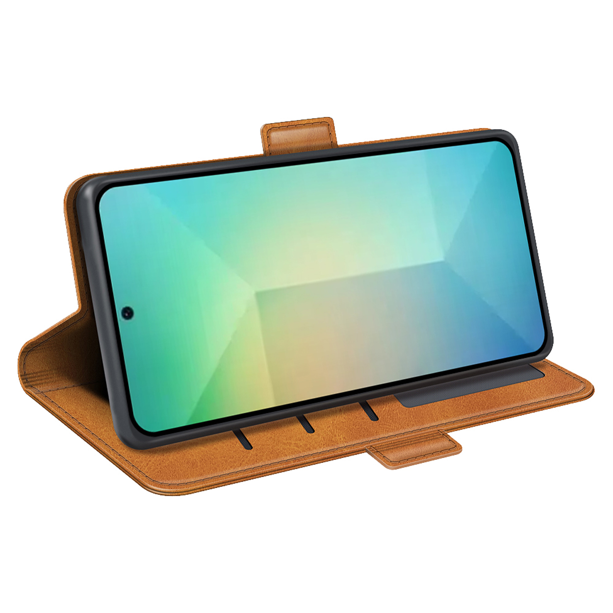 Un étui de téléphone en cuir marron avec un téléphone à l'intérieur, positionné en angle, montrant l'écran.
