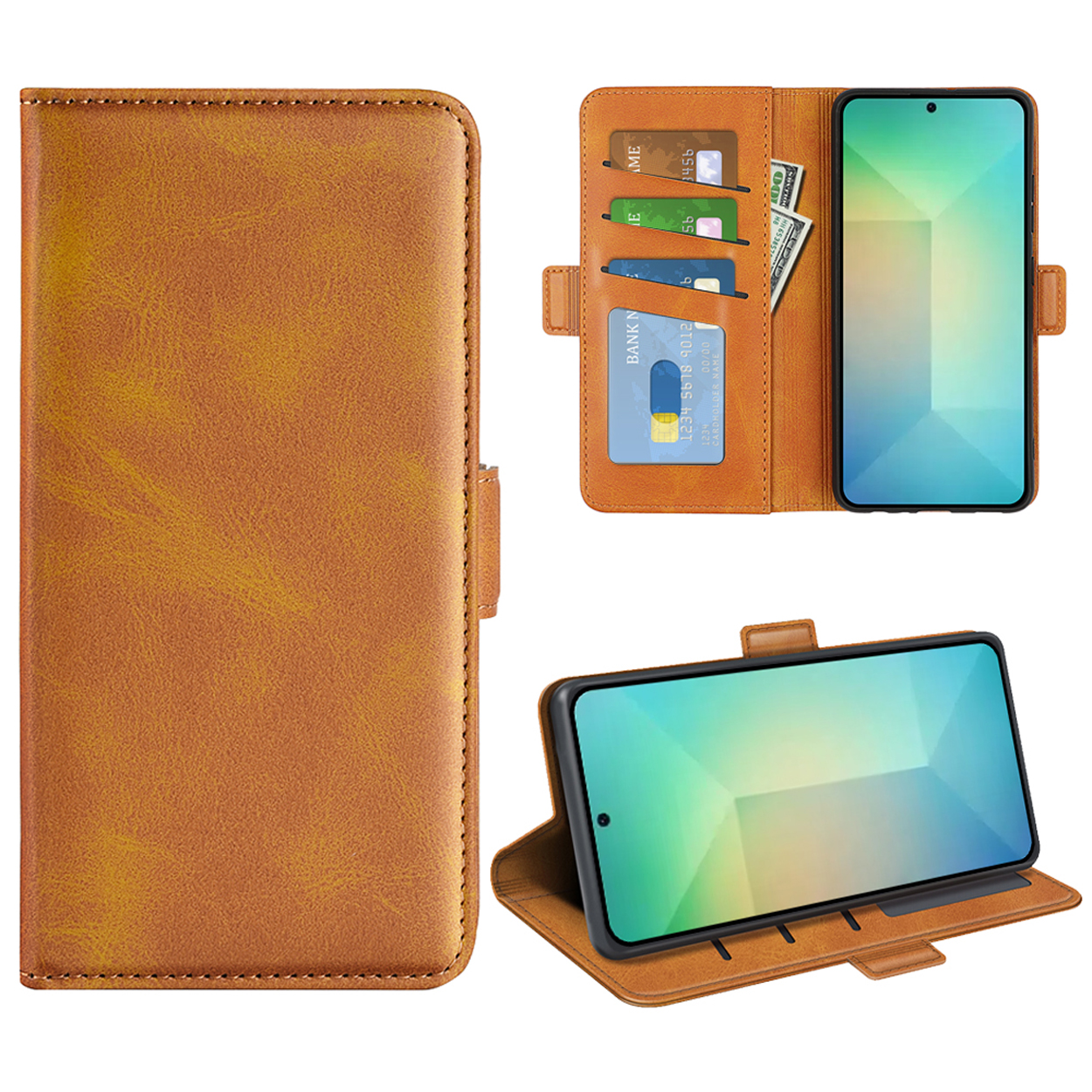 Étui de téléphone en cuir marron, vues ouvertes et fermées. L'intérieur contient des cartes, de l'argent et un téléphone.