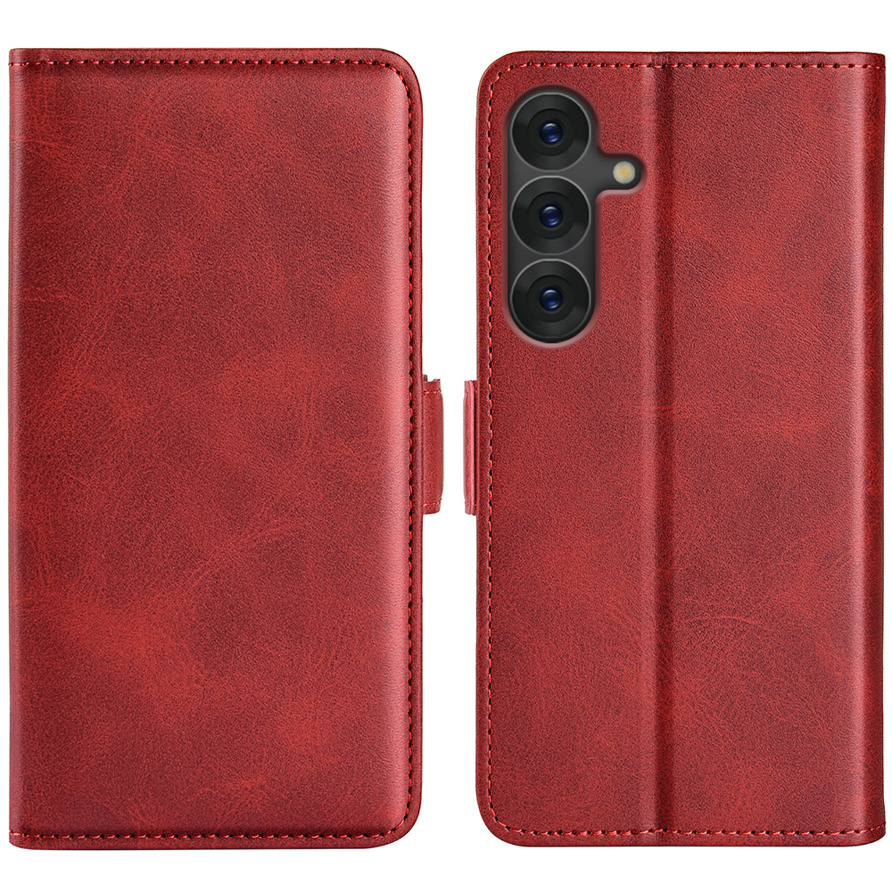 Coque de téléphone rouge, fermée. Téléphone à l'intérieur. Détails de couture visibles. La coque est fermée.