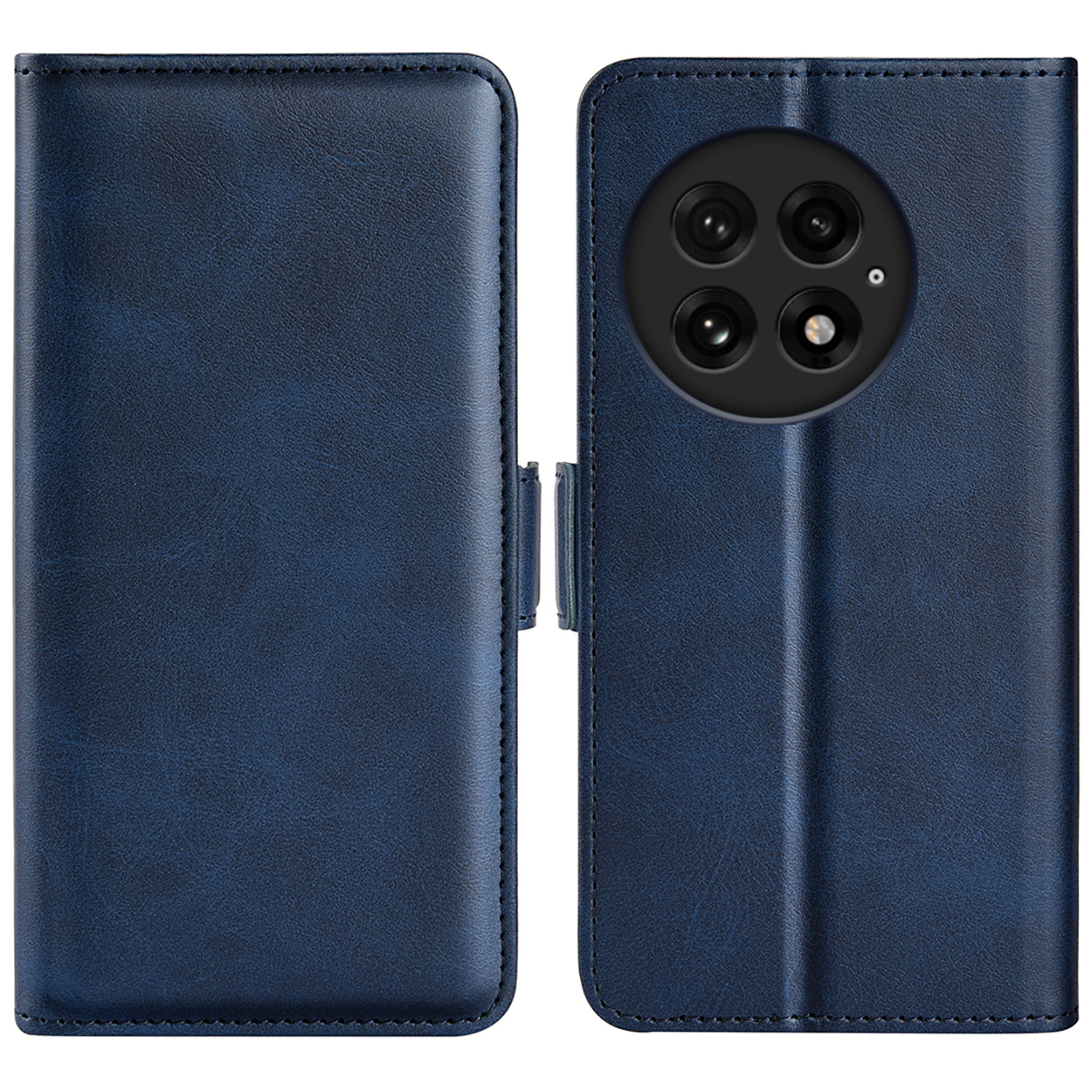 Een blauwe telefoonhoes, open en dicht, met de camera en de telefoon erin.