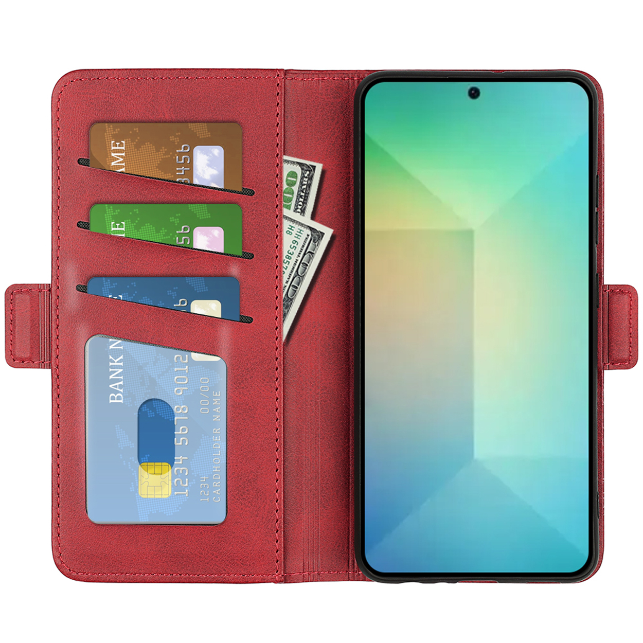 Étui de téléphone rouge ouvert. Cartes et argent à l'intérieur. Téléphone visible et à droite.