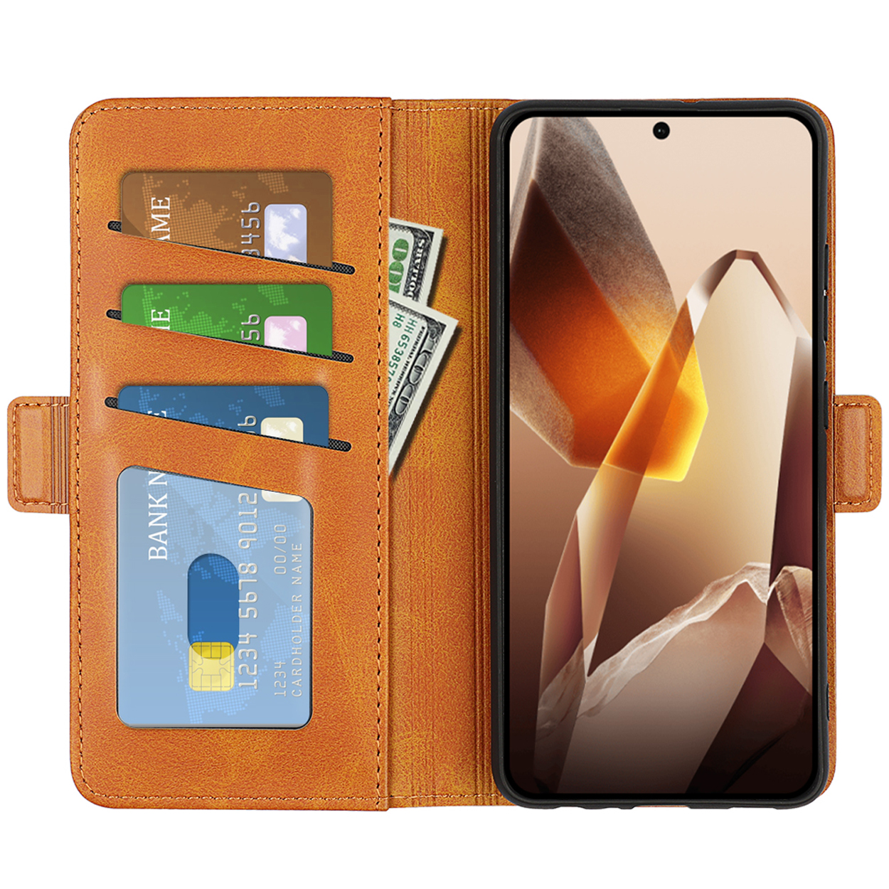 Open telefoonhoesje, bruin. Kaarten en geld erin. Een telefoon is erin geplaatst. Zichtbare kaarten en geld.