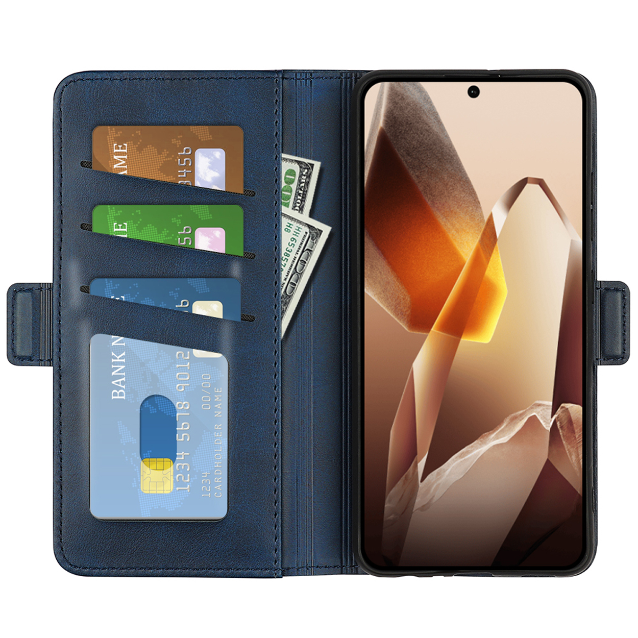 Blauwe leren telefoonhoes open met kaarten en een biljet erin, en een telefoon met een witte kristallen achtergrond.
