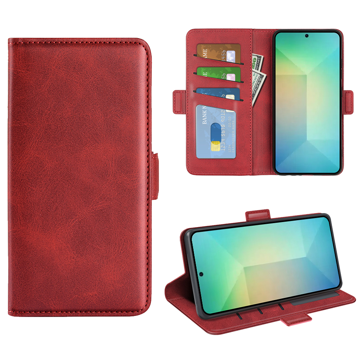 Portefeuille de téléphone en cuir rouge ouvert avec cartes et espèces, et un téléphone à l'intérieur. Plus de vues.