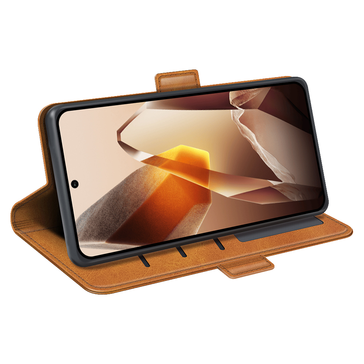 Bruine leren telefoonhoes open. Telefoon erin met abstracte achtergrond. De hoes heeft ribbels ter ondersteuning.