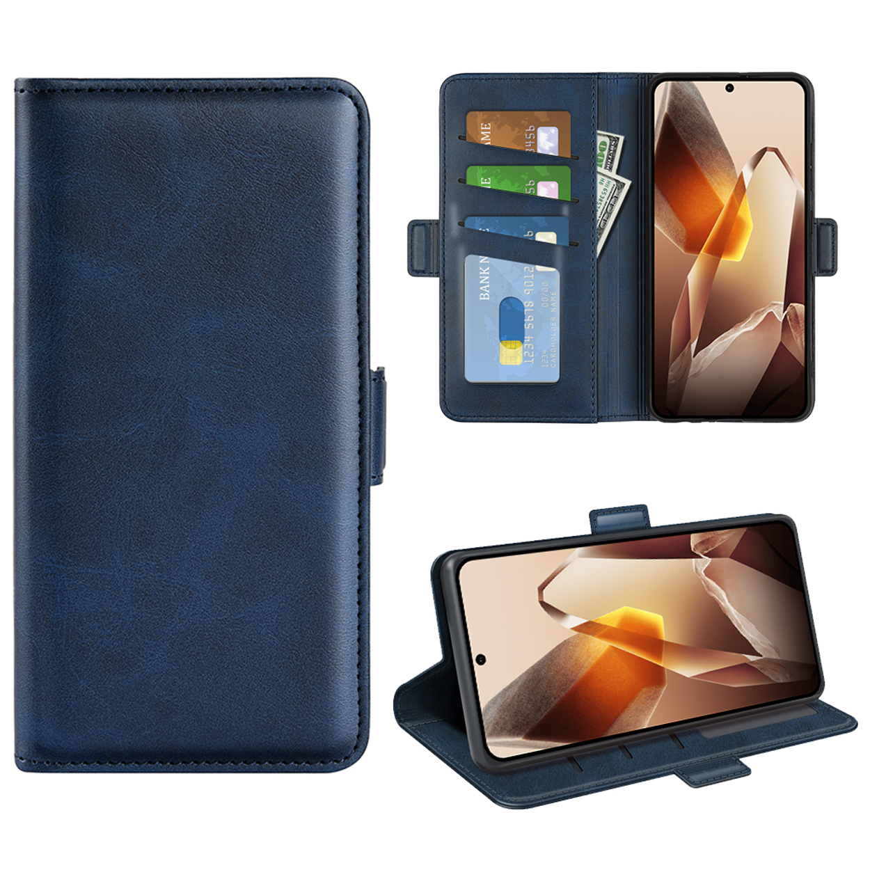 Een blauw portemonnee telefoonhoesje met een telefoon erin. Met kaartsleuven en een geldbuidel.