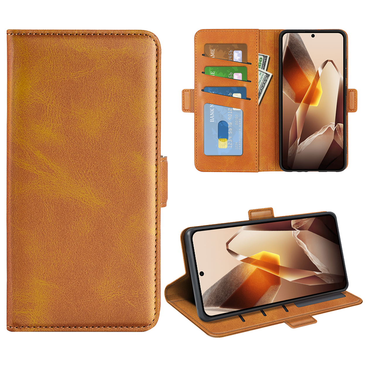 Een bruine telefoonhoes, open, met een telefoon, creditcards en contant geld erin.