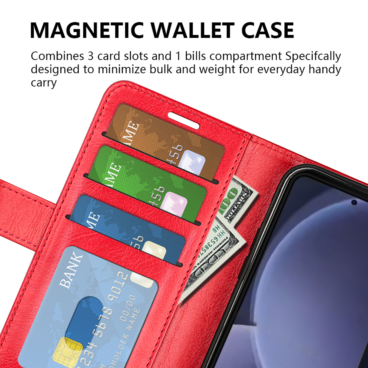 Un étui portefeuille rouge avec cartes et argent à l'intérieur. L'étui est ouvert.