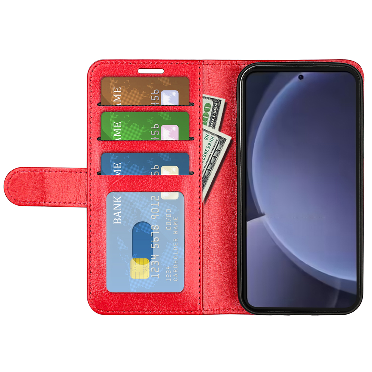 Coque de téléphone rouge ouverte avec cartes, argent et téléphone. Cartes et argent dans les fentes.