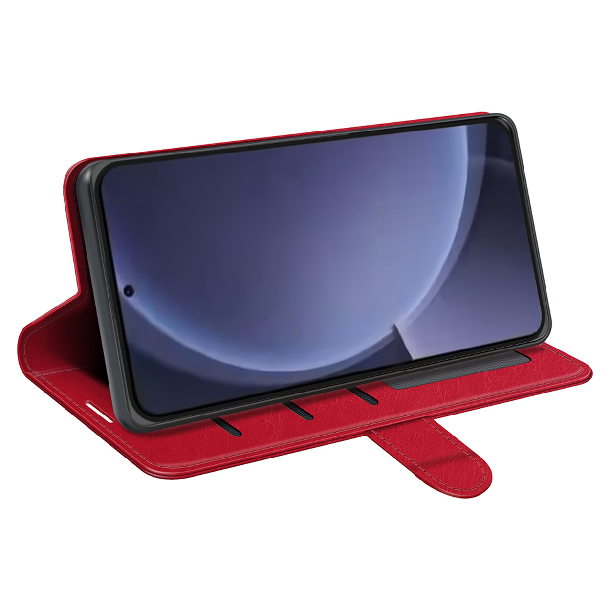 Un étui de téléphone en cuir rouge avec un téléphone à l'intérieur, l'écran du téléphone est allumé.