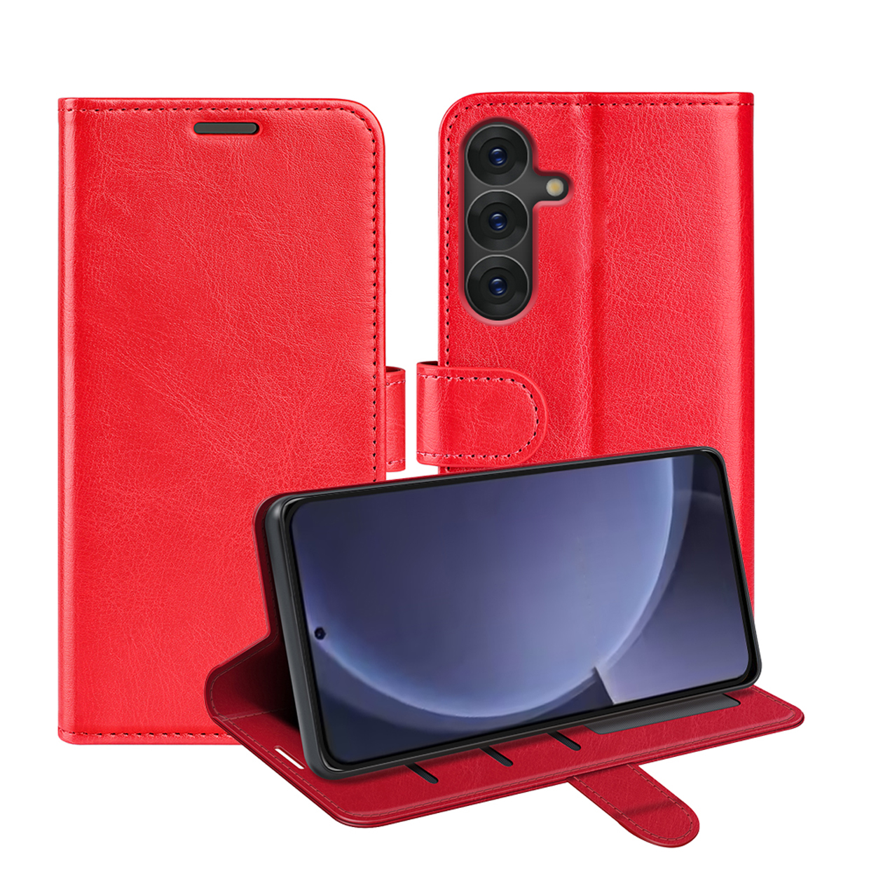 Un étui de téléphone rouge, avec un téléphone à l'intérieur. L'écran du téléphone est visible.