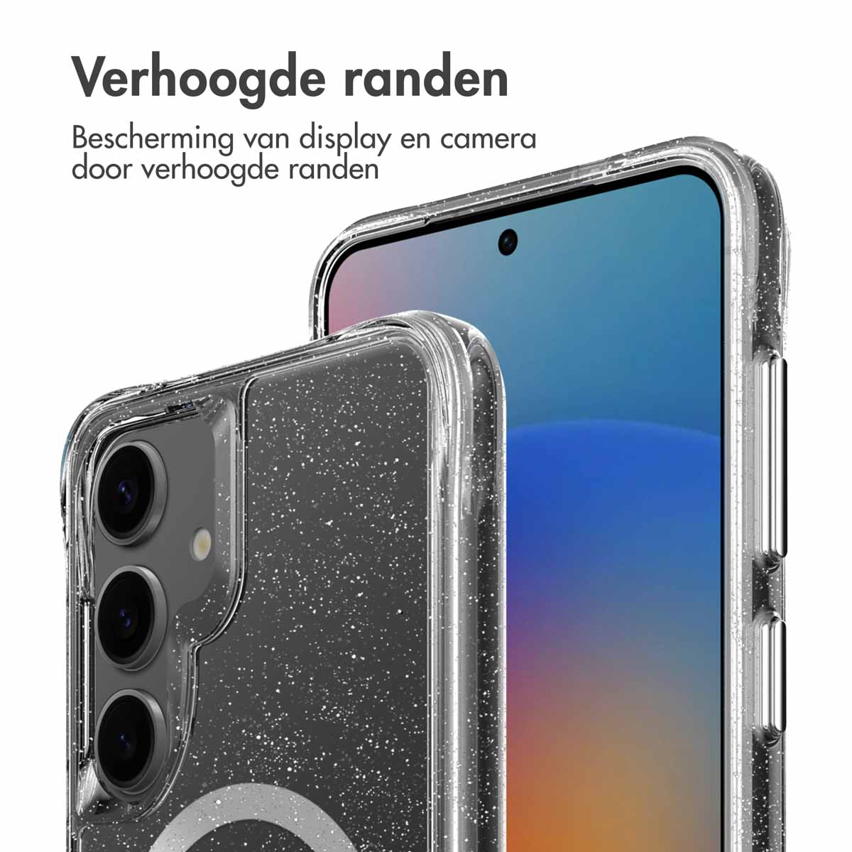Transparante telefoonhoes met glitter, met een telefoon.