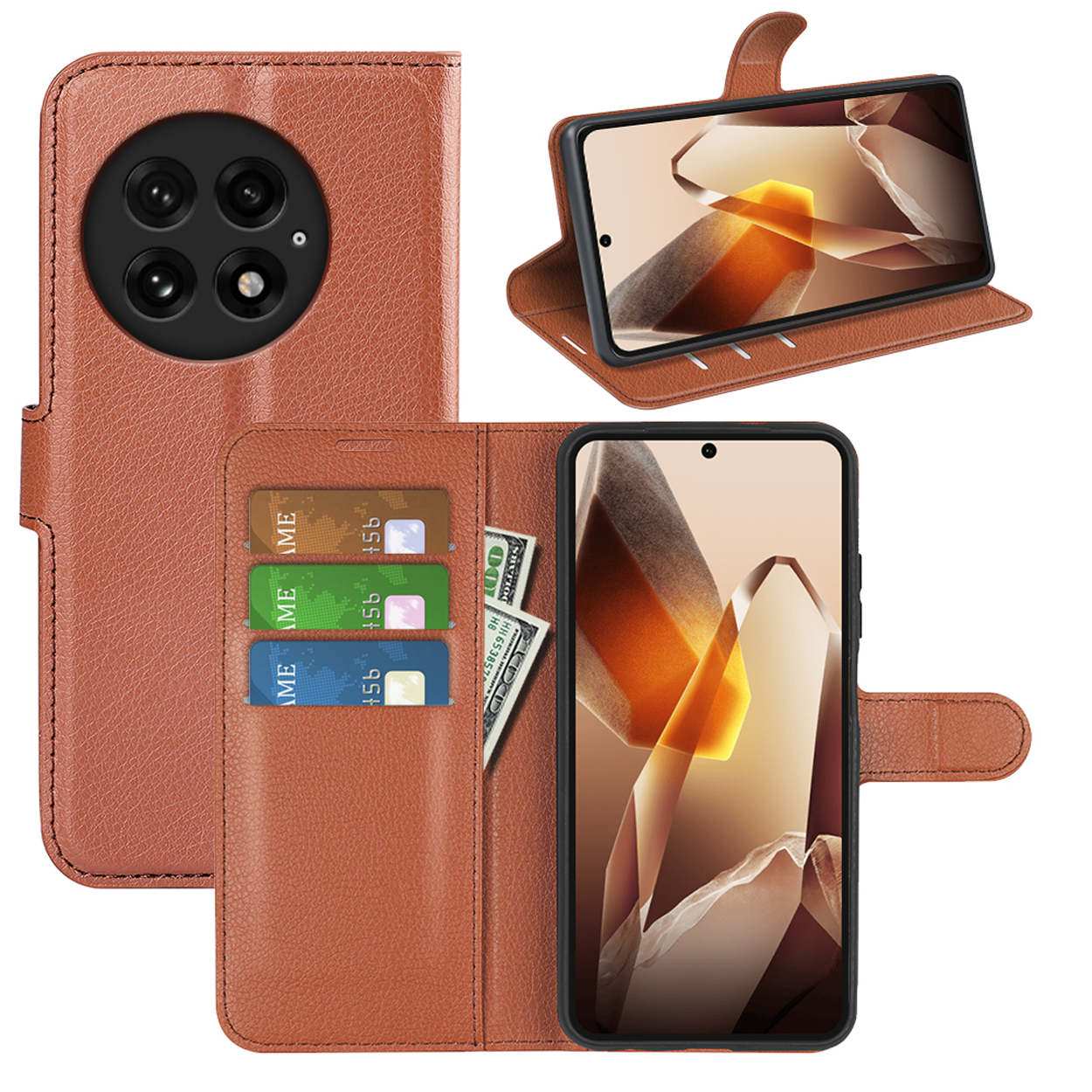 Un étui portefeuille marron avec un téléphone à l'intérieur. Avec des fentes pour cartes et une poche à argent.
