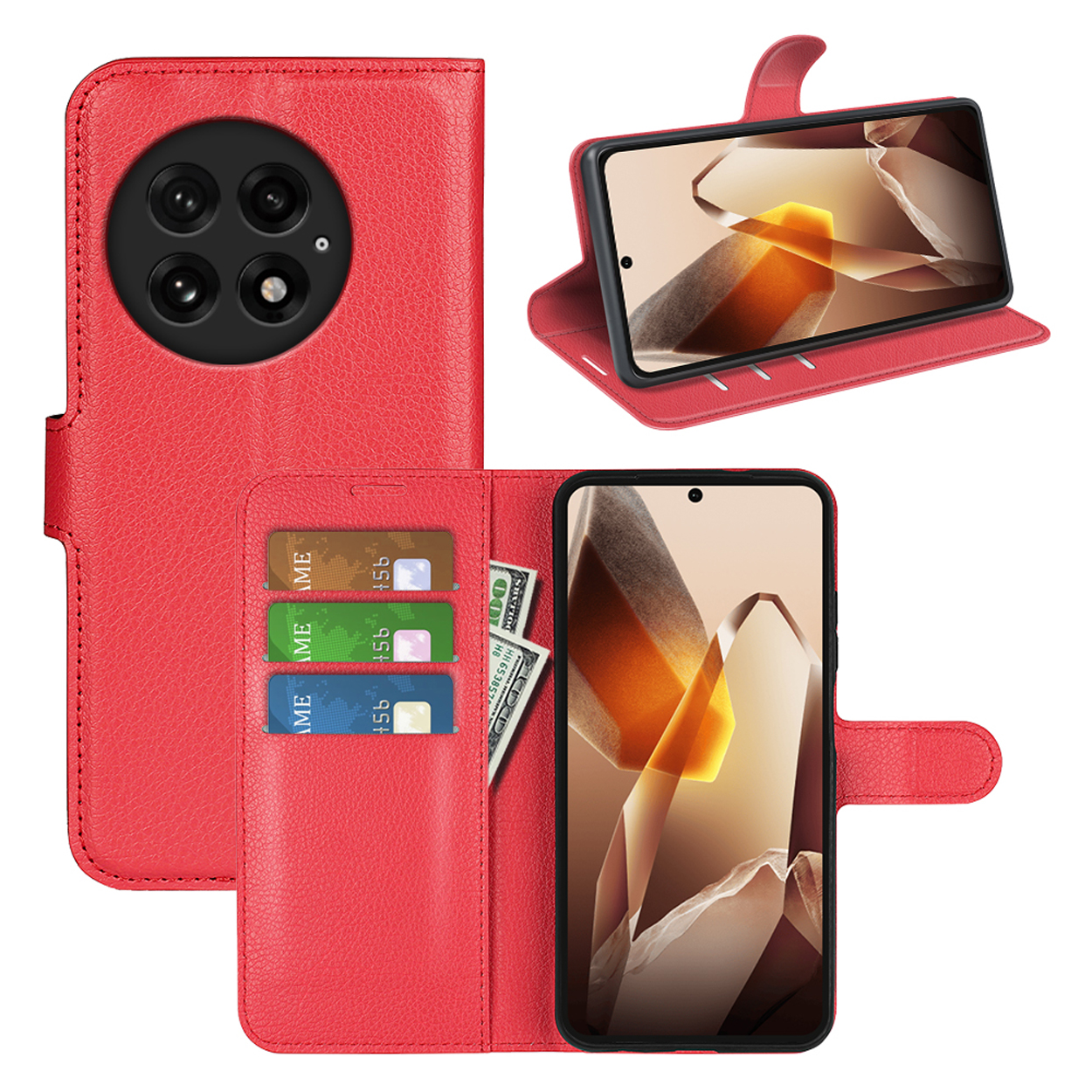 Une coque de téléphone rouge ouverte. La coque a des fentes pour cartes et un billet. Le téléphone est à l'intérieur.