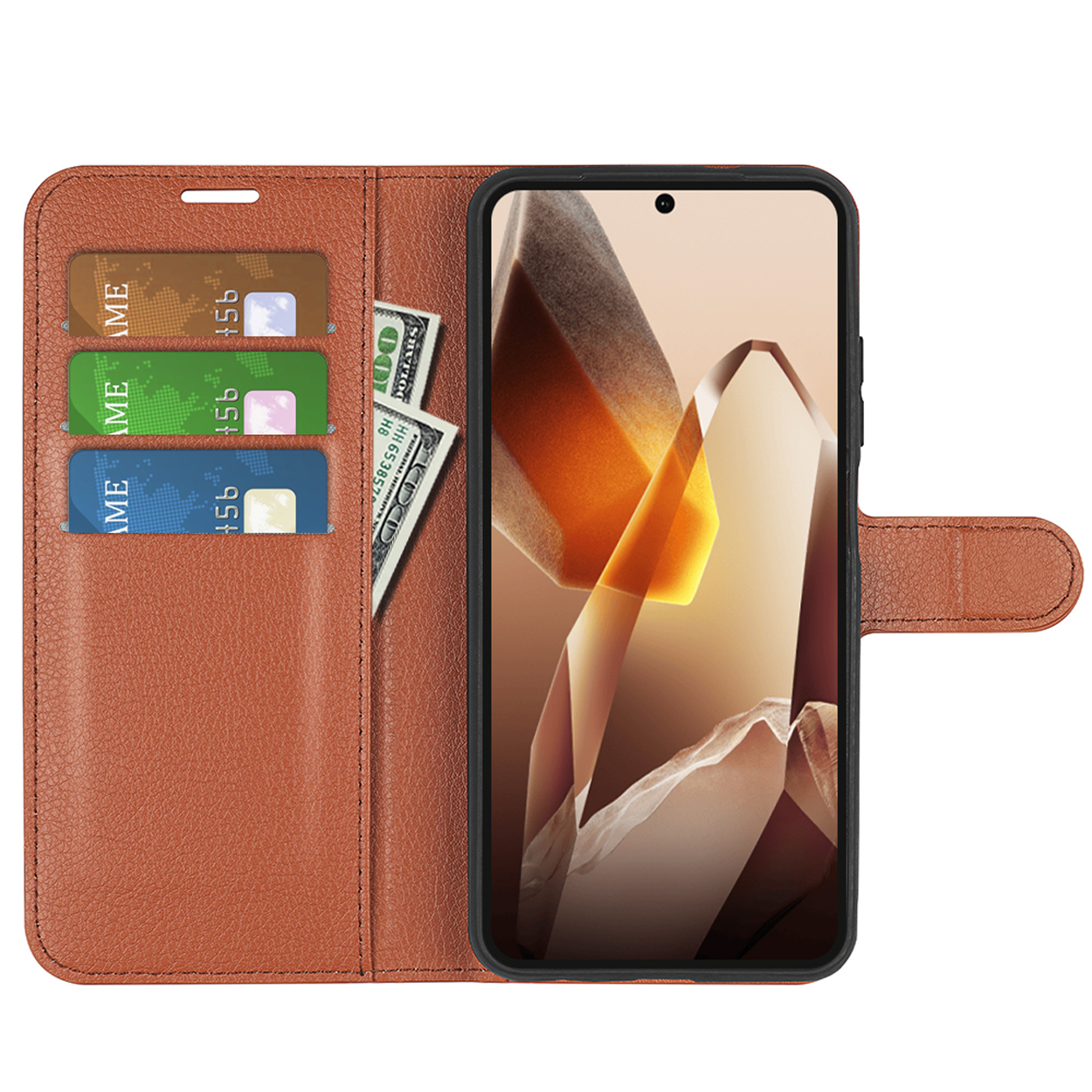 Étui de téléphone marron ouvert avec téléphone, cartes et argent à l'intérieur.