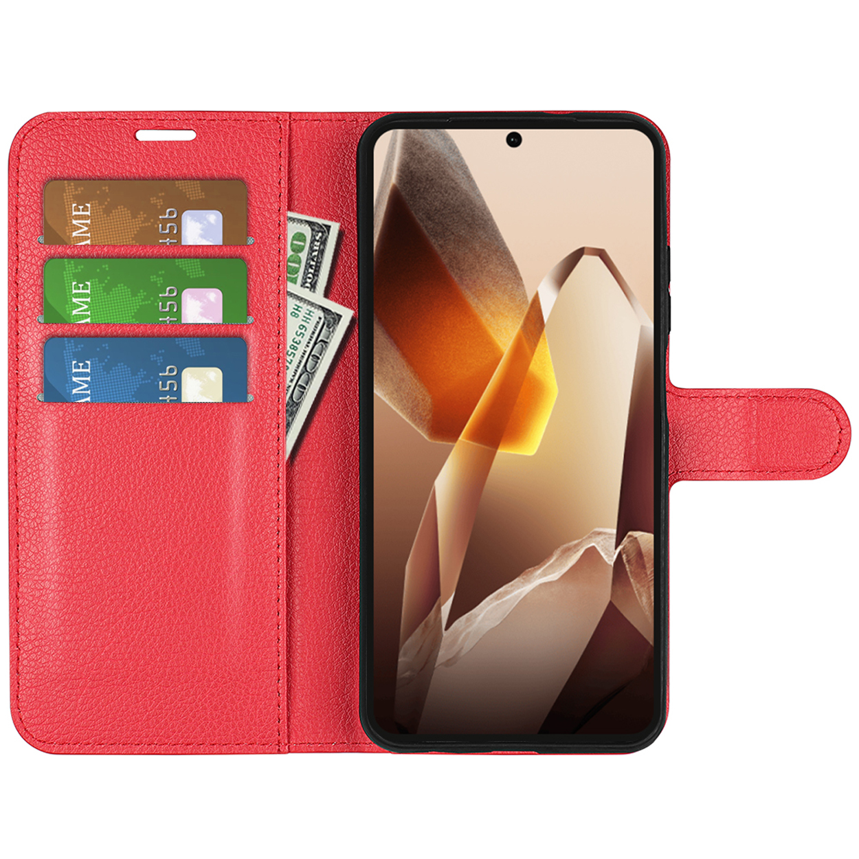 Étui de téléphone en cuir rouge ouvert avec des cartes, de l'argent et un téléphone. Le téléphone est noir.