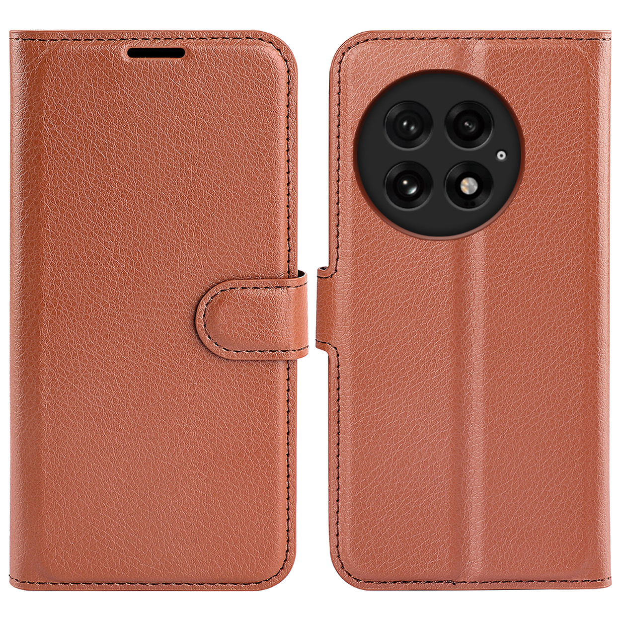 Étui de téléphone marron ouvert, avec un téléphone à l'intérieur. L'étui est en matériau brun semblable à du cuir. Le téléphone a un appareil photo noir.