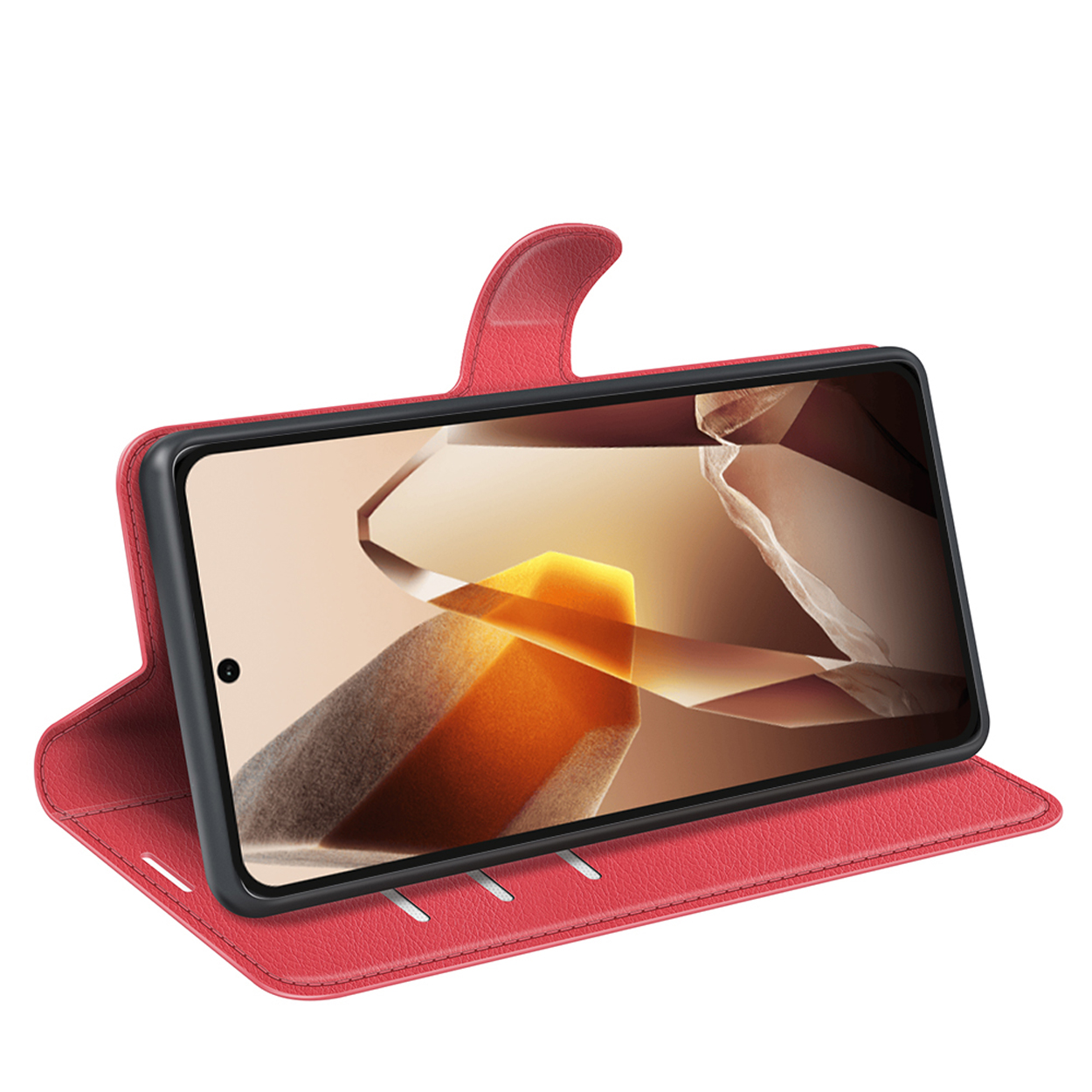 Étui de téléphone en cuir rouge avec téléphone à l'intérieur, l'écran affiche un motif abstrait coloré.