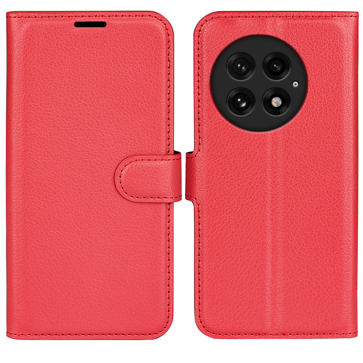 Un étui de téléphone en cuir rouge, fermé. L'arrière a une découpe pour l'appareil photo.