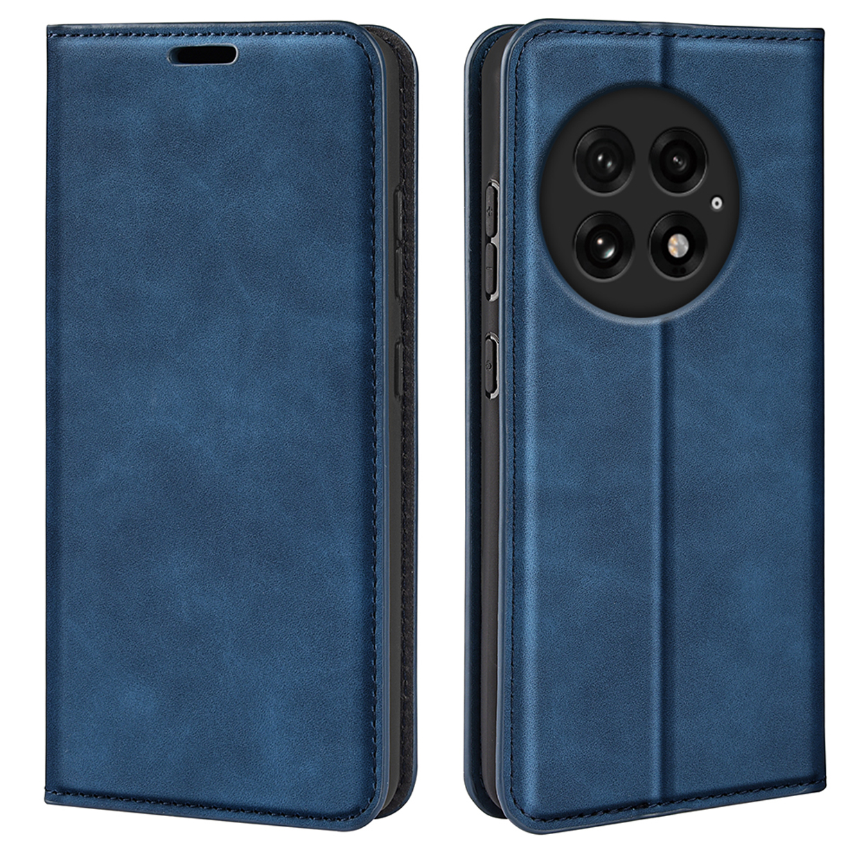 Blauwe telefoonhoes. Twee aanzichten: gesloten, open. Toont de camera en knoppen van de telefoon.