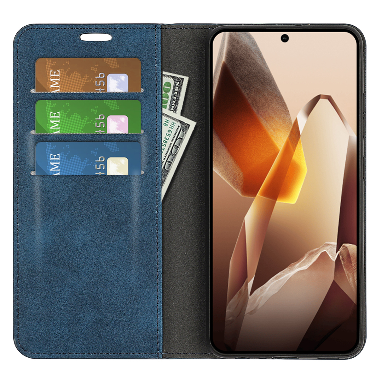 Blauw portemonnee telefoonhoesje, open. Kaarten, geld en telefoon zichtbaar.