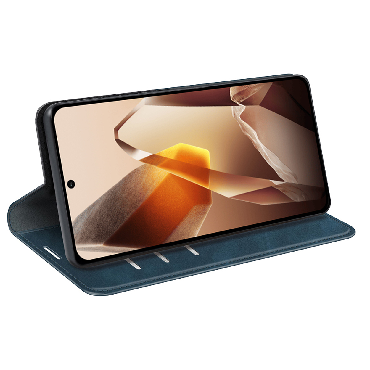 Blauwe leren telefoonhoes met een telefoon erin. De hoes is open, het scherm is zichtbaar.