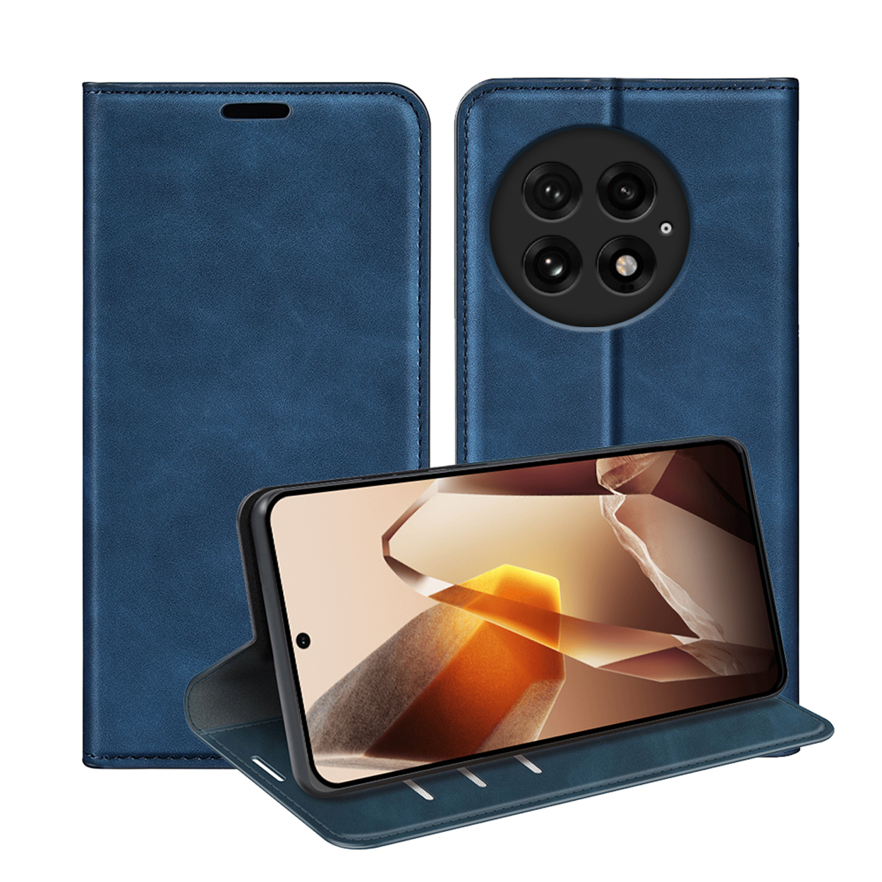 Een blauwe telefoonhoes met een telefoon erin. De telefoon geeft een lichtgekleurd scherm weer.