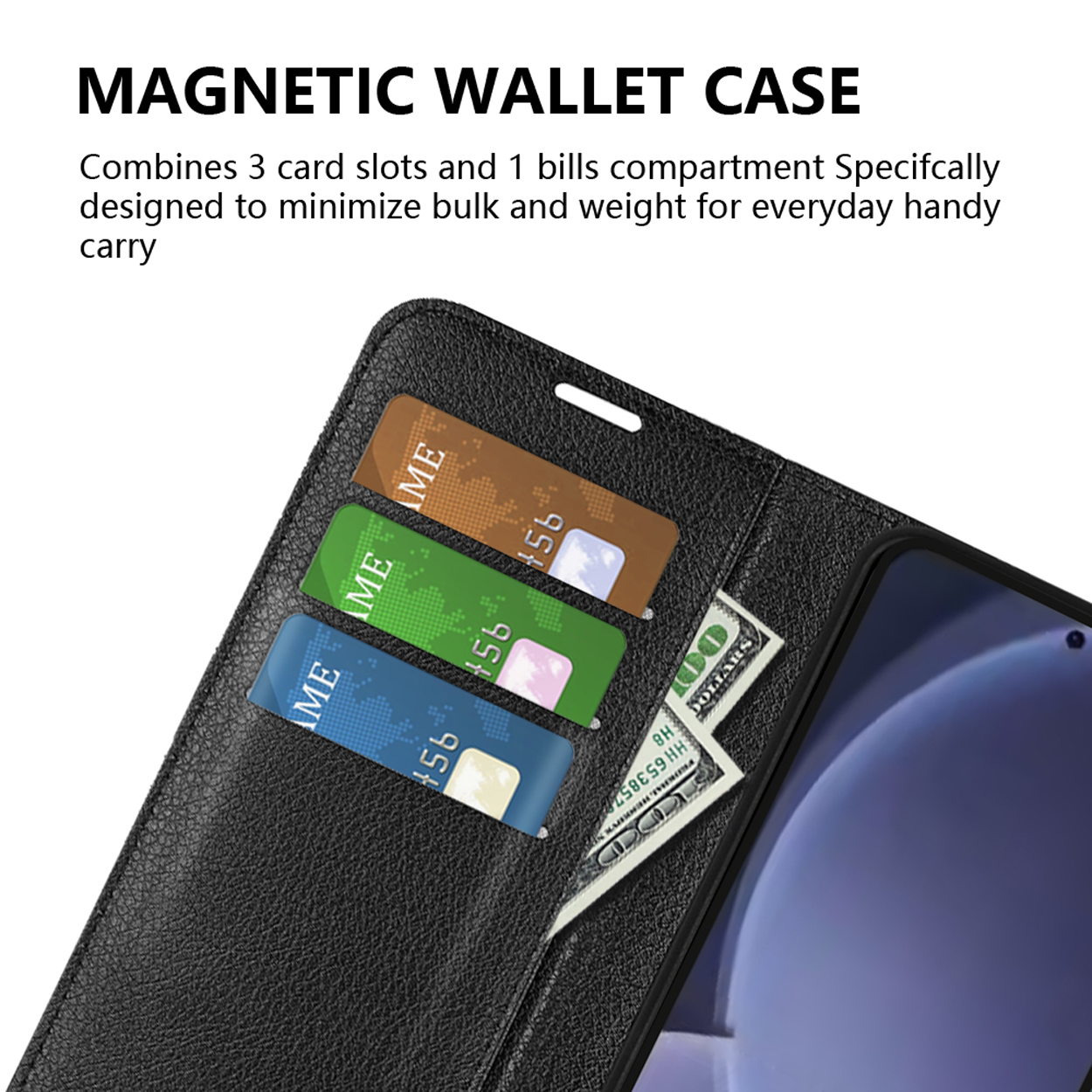 Een telefoonhoesje met kaartsleuven en een dollarbiljet. De telefoon zit erin. De case is zwart.