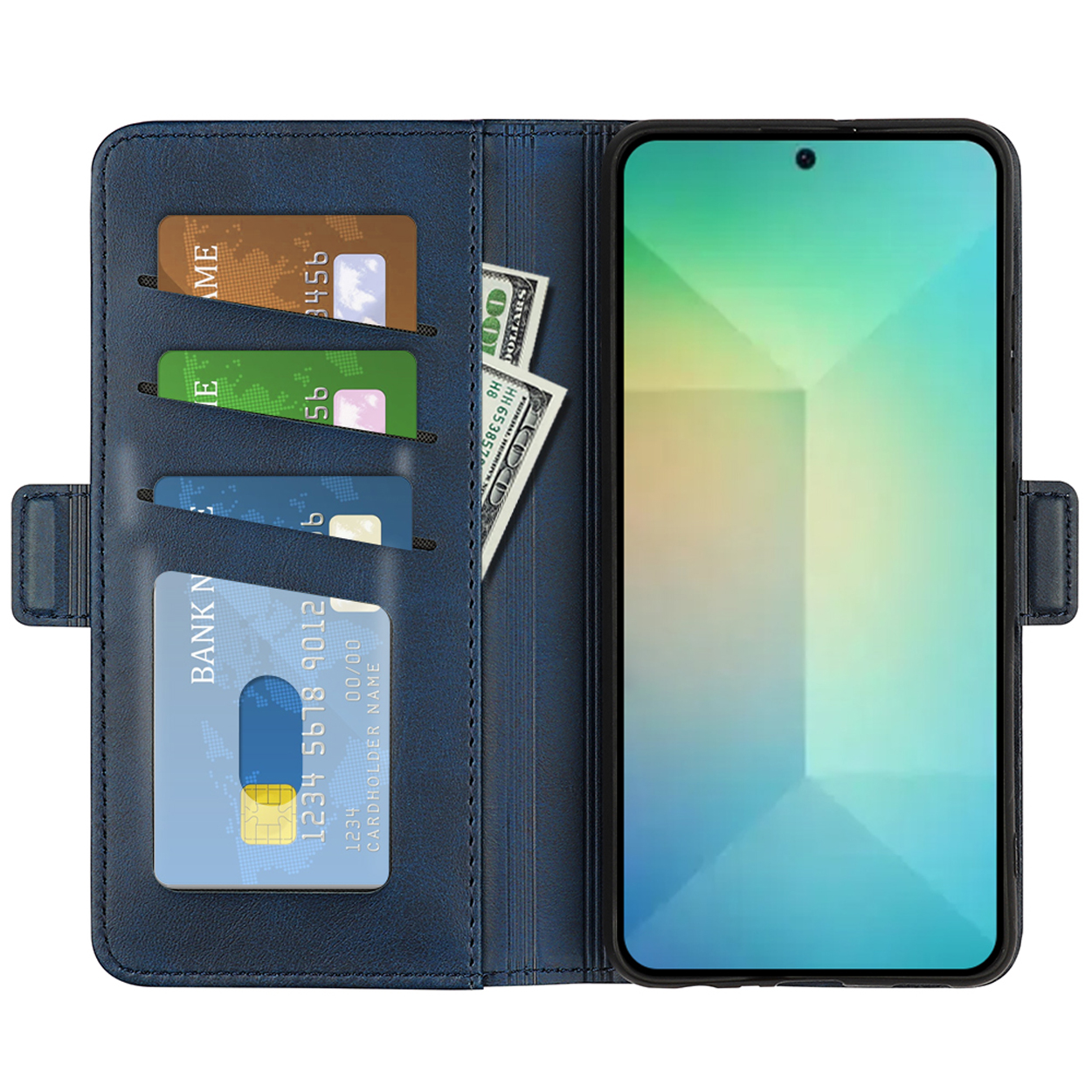 Étui de téléphone bleu ouvert avec téléphone, cartes et argent.