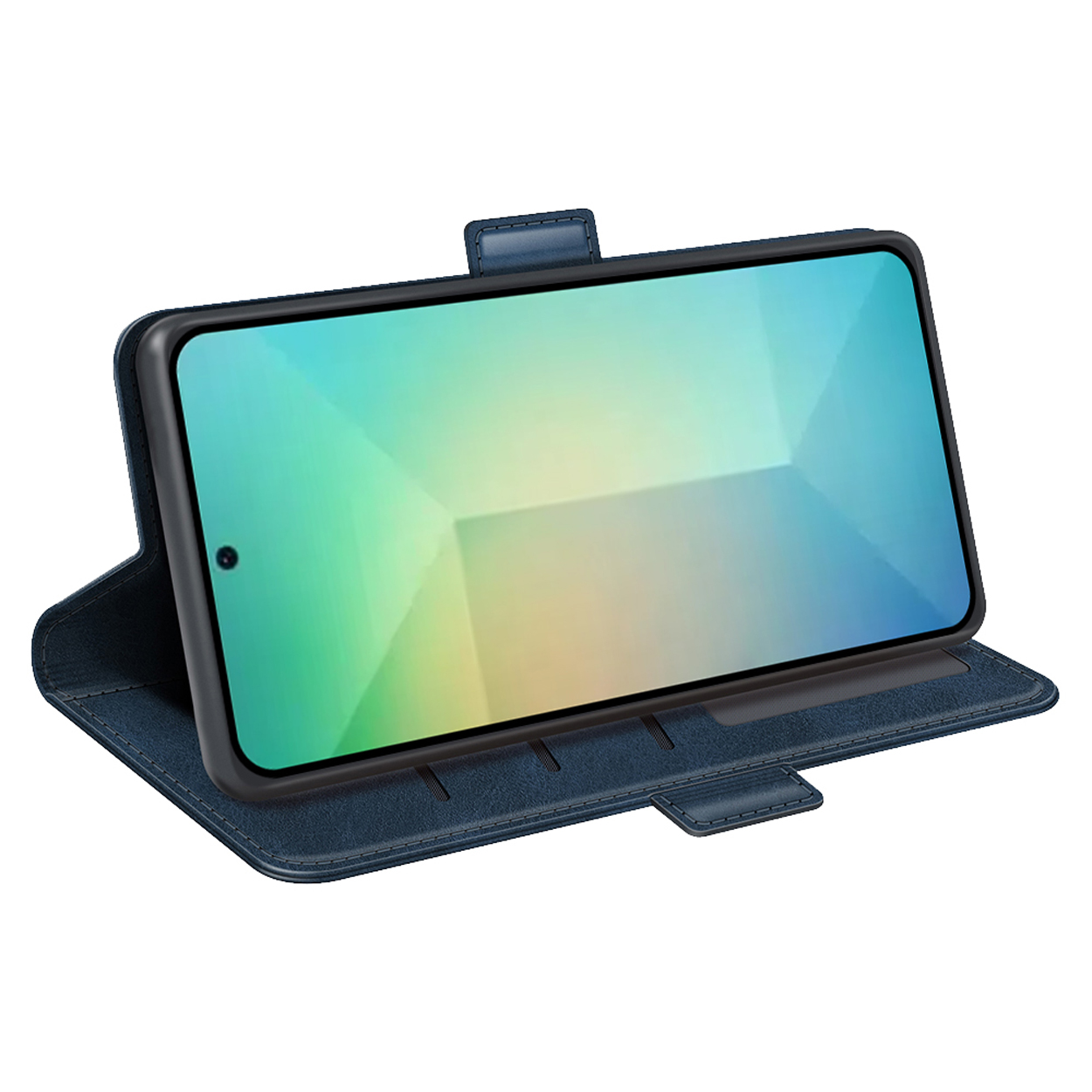Étui de téléphone bleu ouvert avec téléphone dedans. L'écran affiche des formes géométriques. Le fond est blanc.